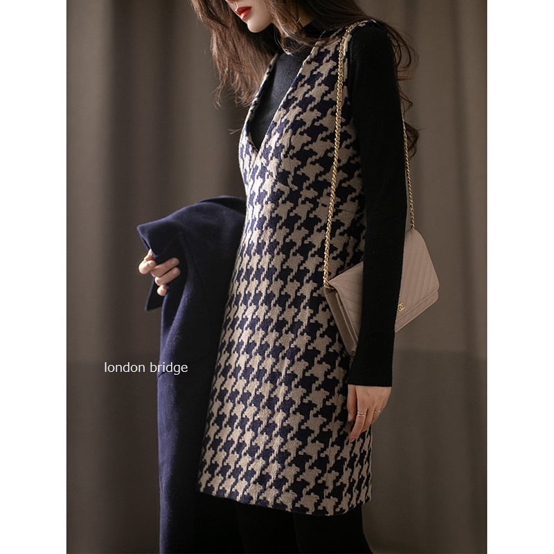 おしゃれで暖かい☆千鳥格子 厚地 ウール混 ノースリーブワンピース