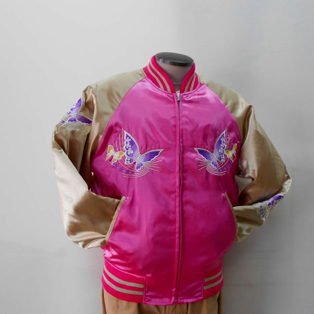 スカジャン 蝶々刺繍 L ピンク Embroidered jumper (SUKAJYAN