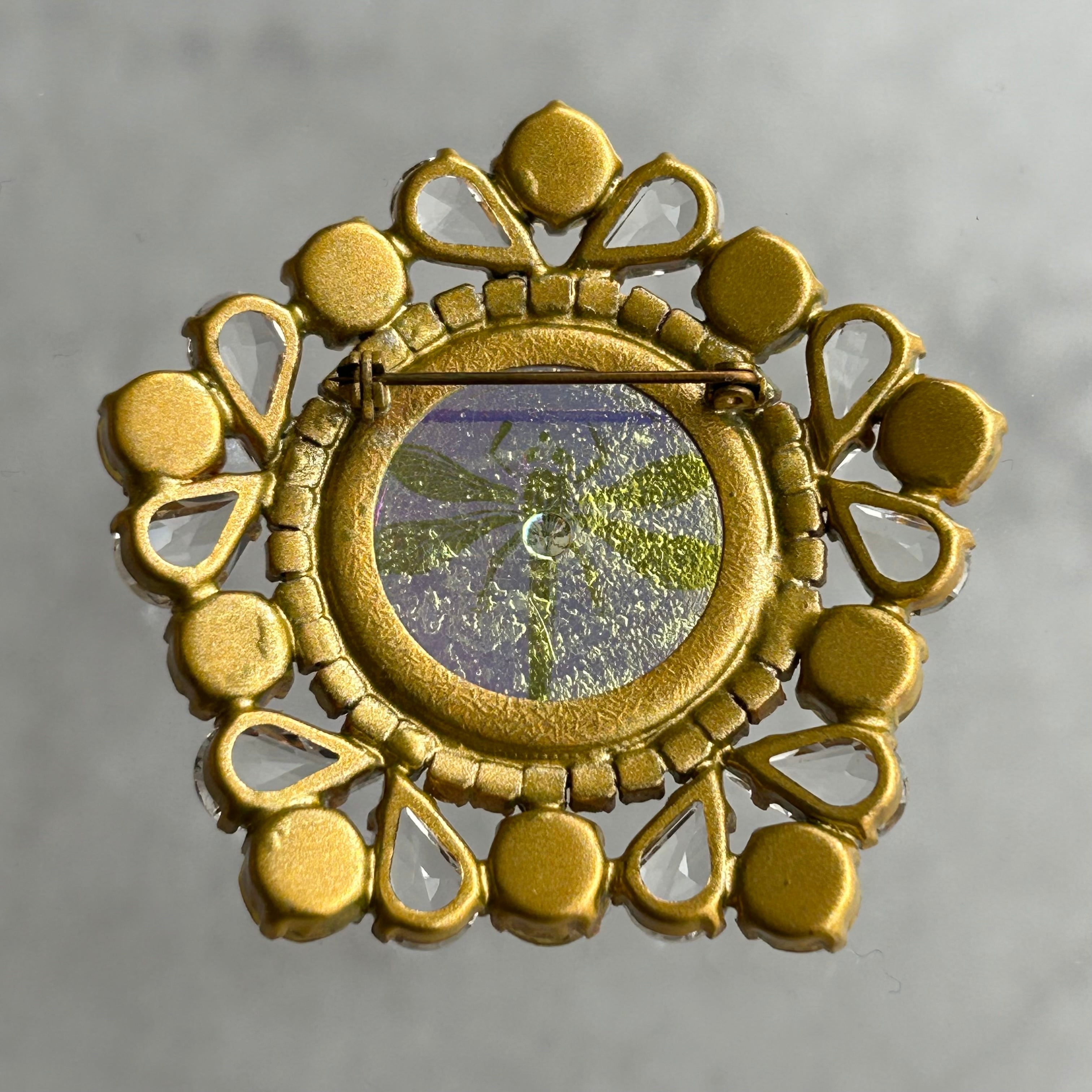 ヴィンテージガラスアクセサリー】ブローチ (トンボ ウランイェロー