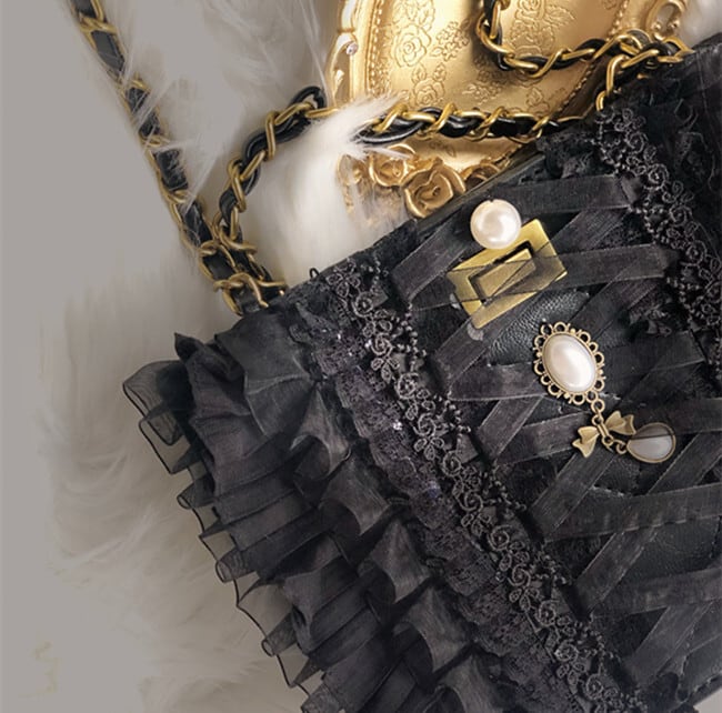 ✞ダーク黒フリルレースGDショルダーバッグ レトロ ✞✝✞ゴスロリ SM