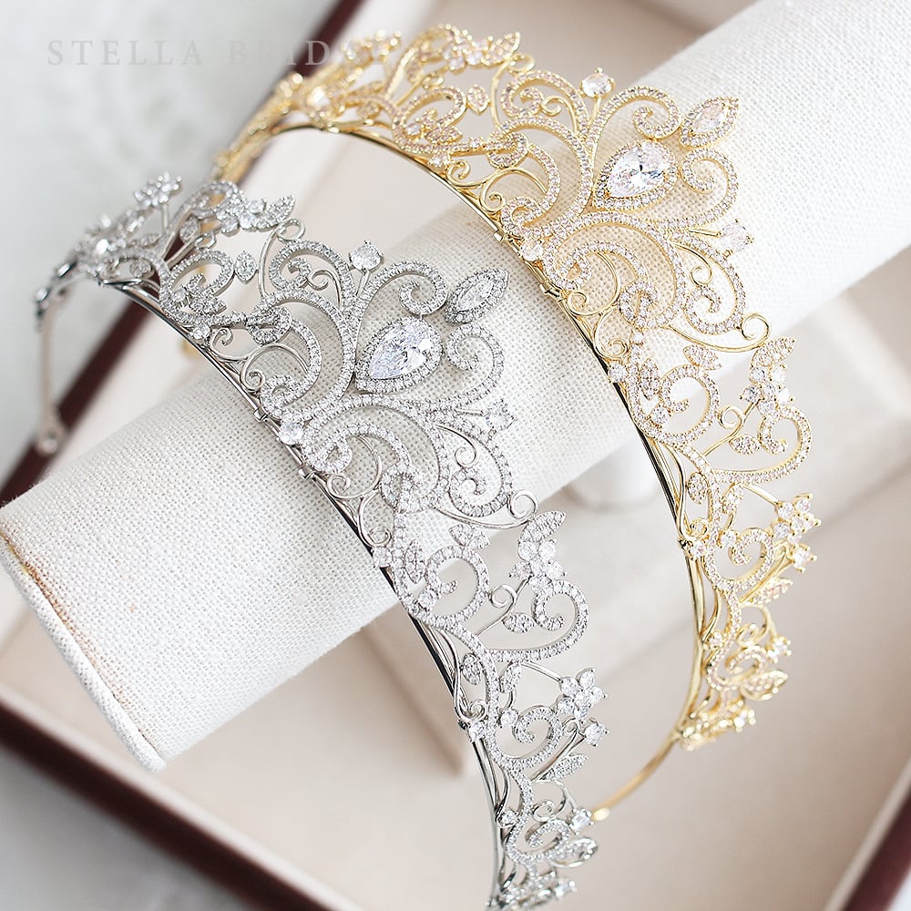 キュービックジルコニア ウェディングティアラ ロマンティックシェイプ