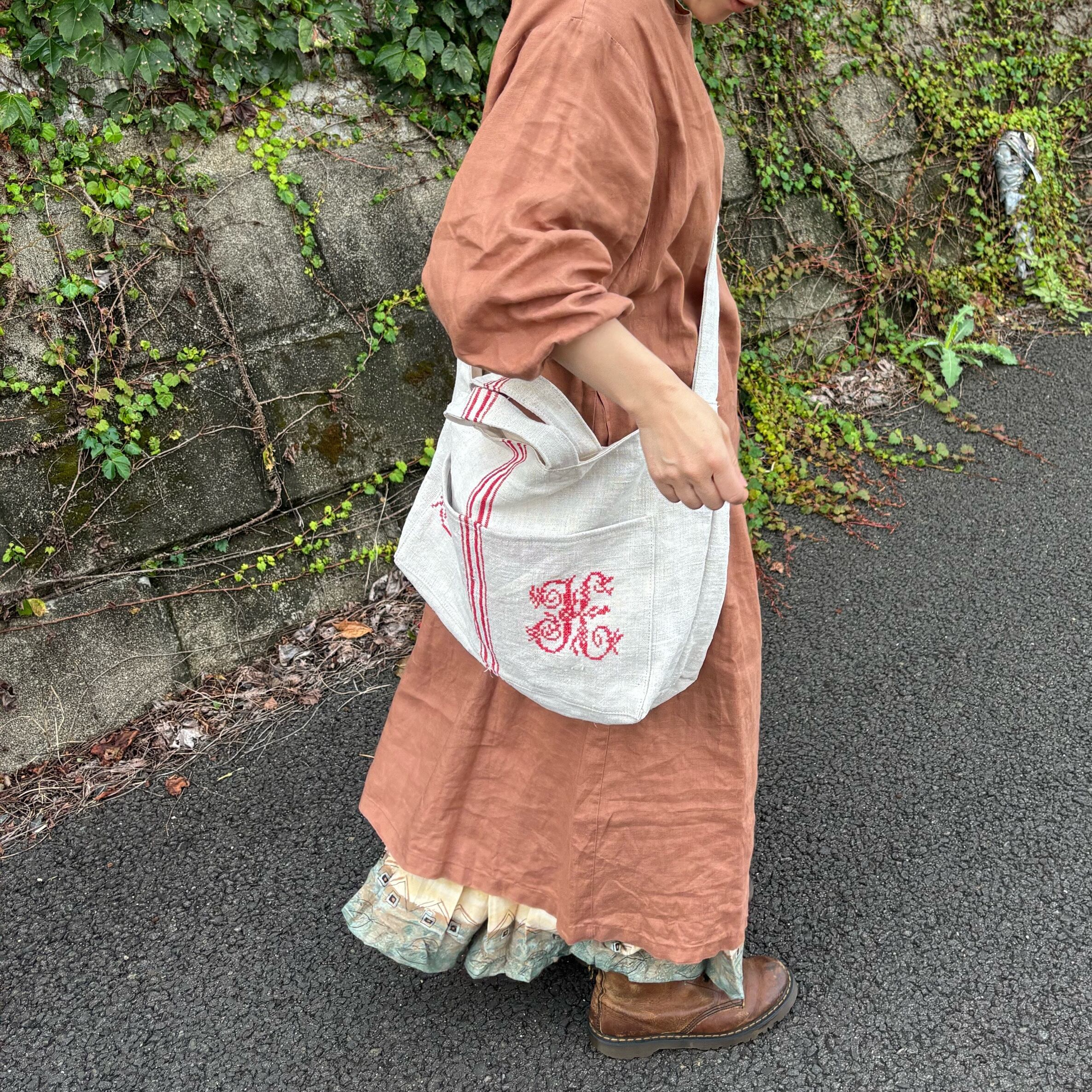 ハンドメイドantiquelinenspunグレインサック×牛革3WAY グレイン