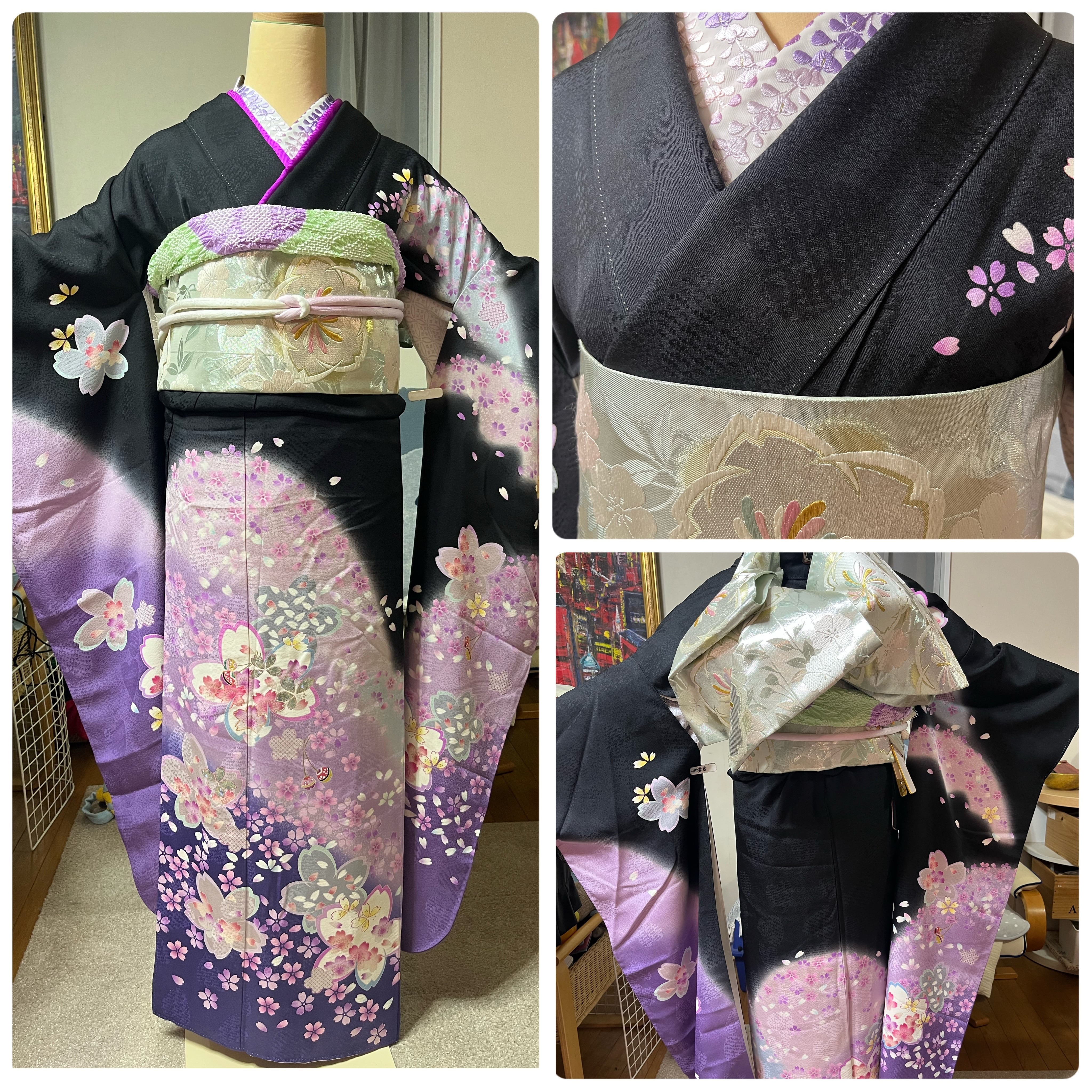 振袖 黒紫桜✖️銀帯桜 | Kimono-nagisa