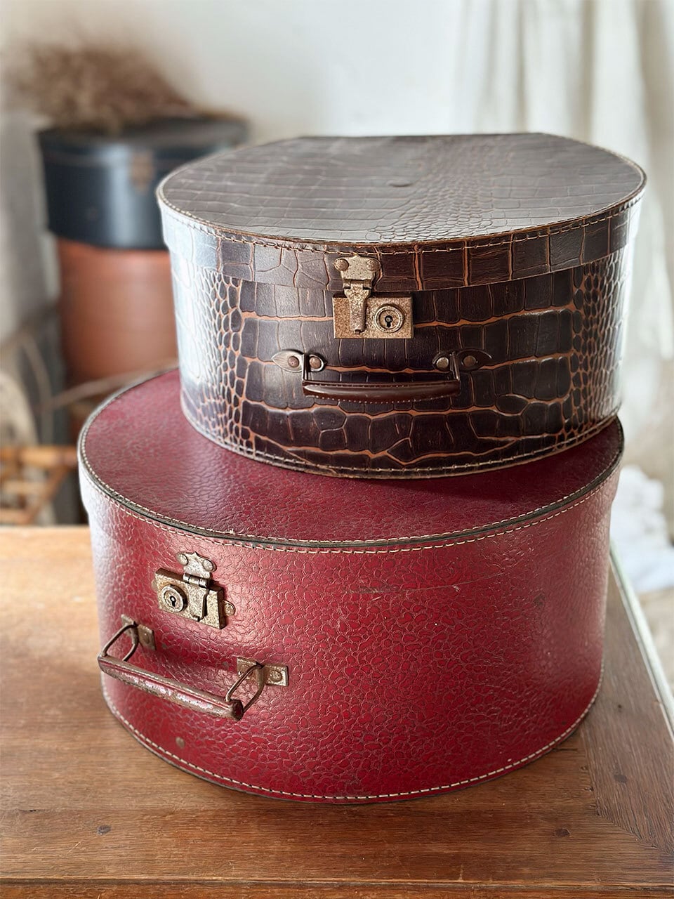 ハットボックス ブラウン クロコダイル型押し柄 紙製 | Brocante de La