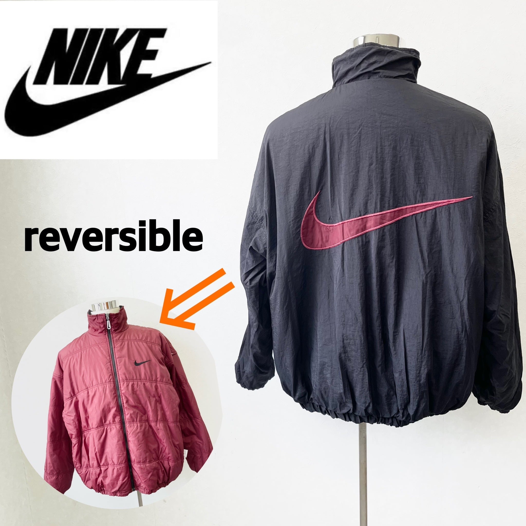 リバーシブル】ナイキ 中綿ナイロンジャケット 刺繡スウッシュロゴ 90s