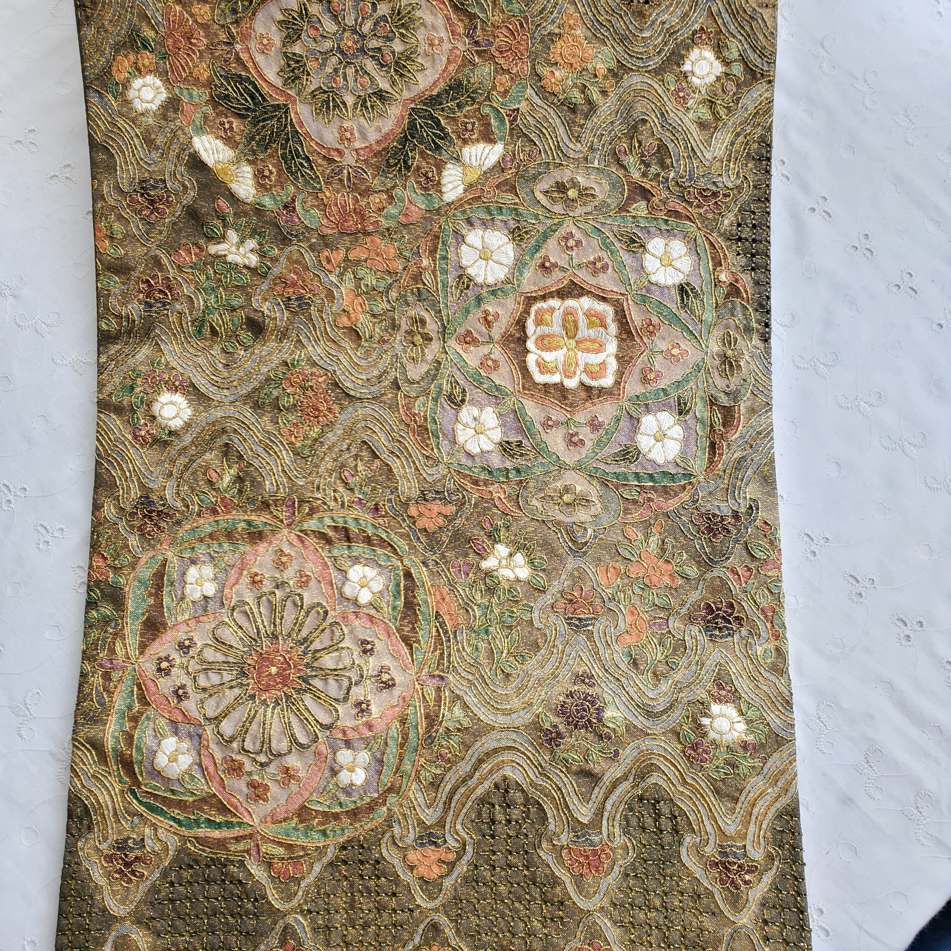 正絹 六通袋帯 汕頭 中国伝統刺繍汕頭刺繍 正倉院華紋 金糸