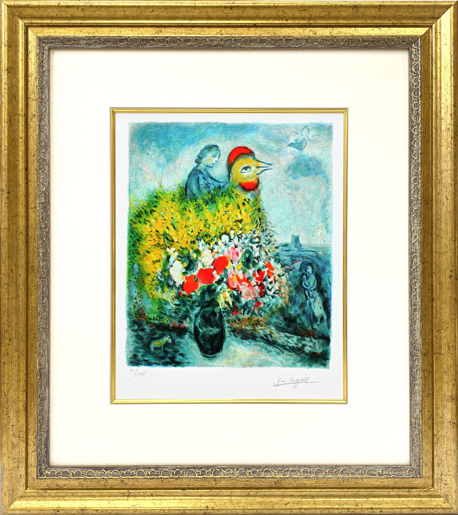 マルク シャガール絵画「黄色い花束と鶏」額縁4色選択可能 作品証明書