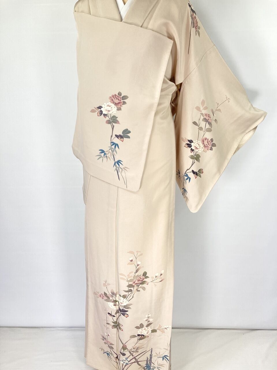 単衣】京加賀友禅 作家物 落款 椿 正絹 訪問着 生成色 ベージュ 1321