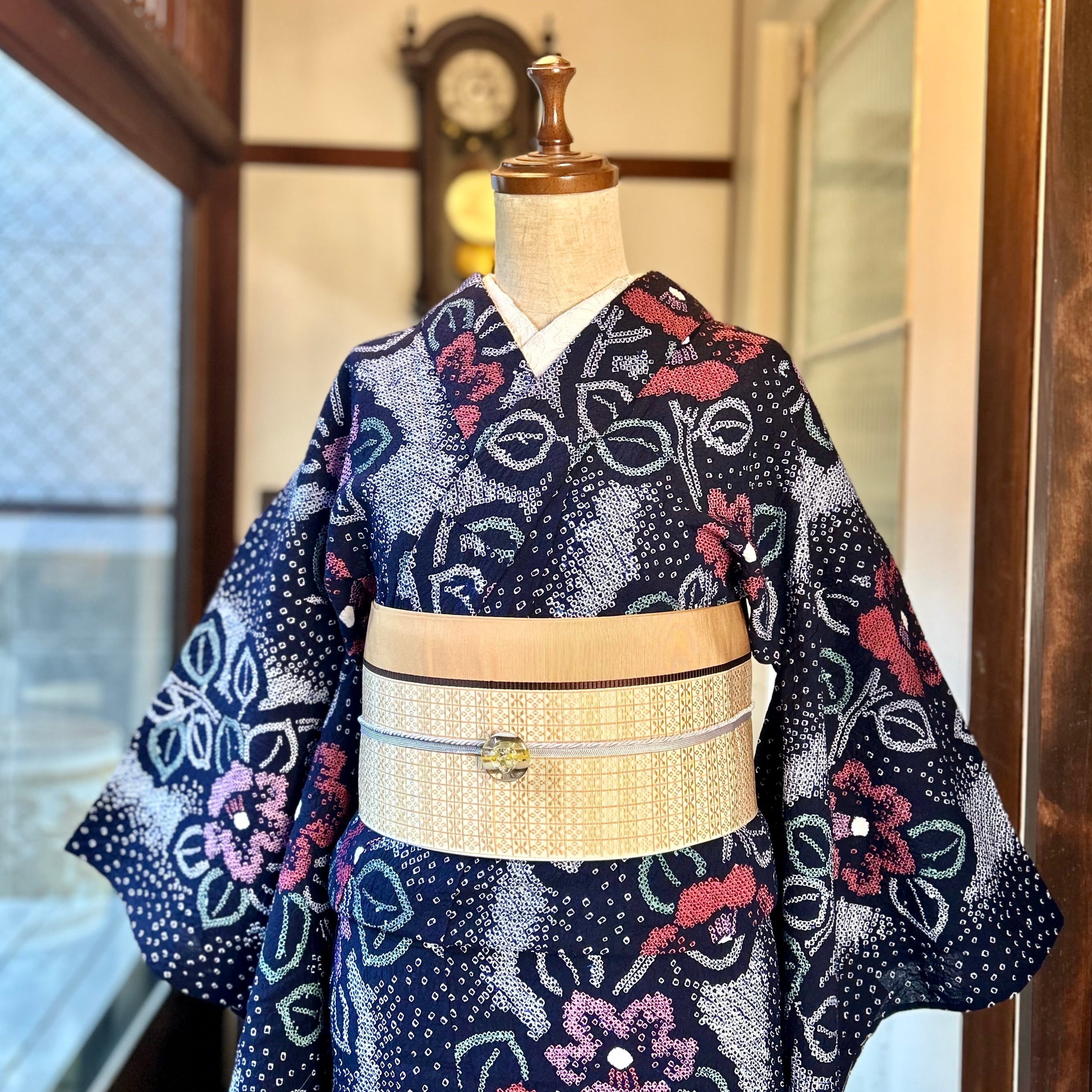 long＊真夜中の椿＊ストライプ 有松鳴海絞り浴衣 未使用品 花 濃紺