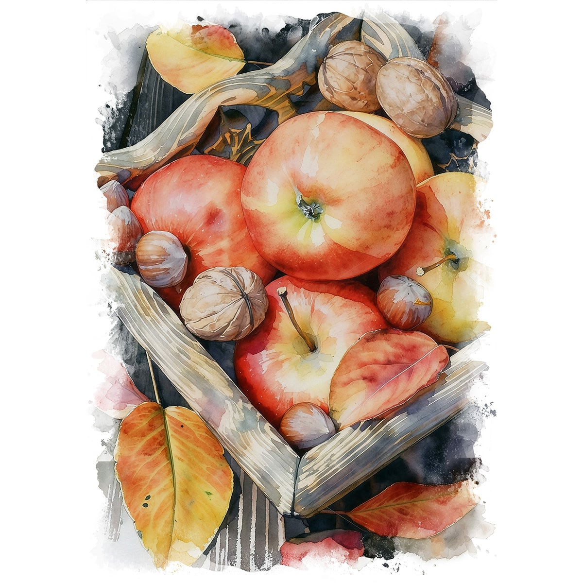 絵画 静物画 食べ物 秋のリンゴ インテリアアート額付き 水彩画・油絵