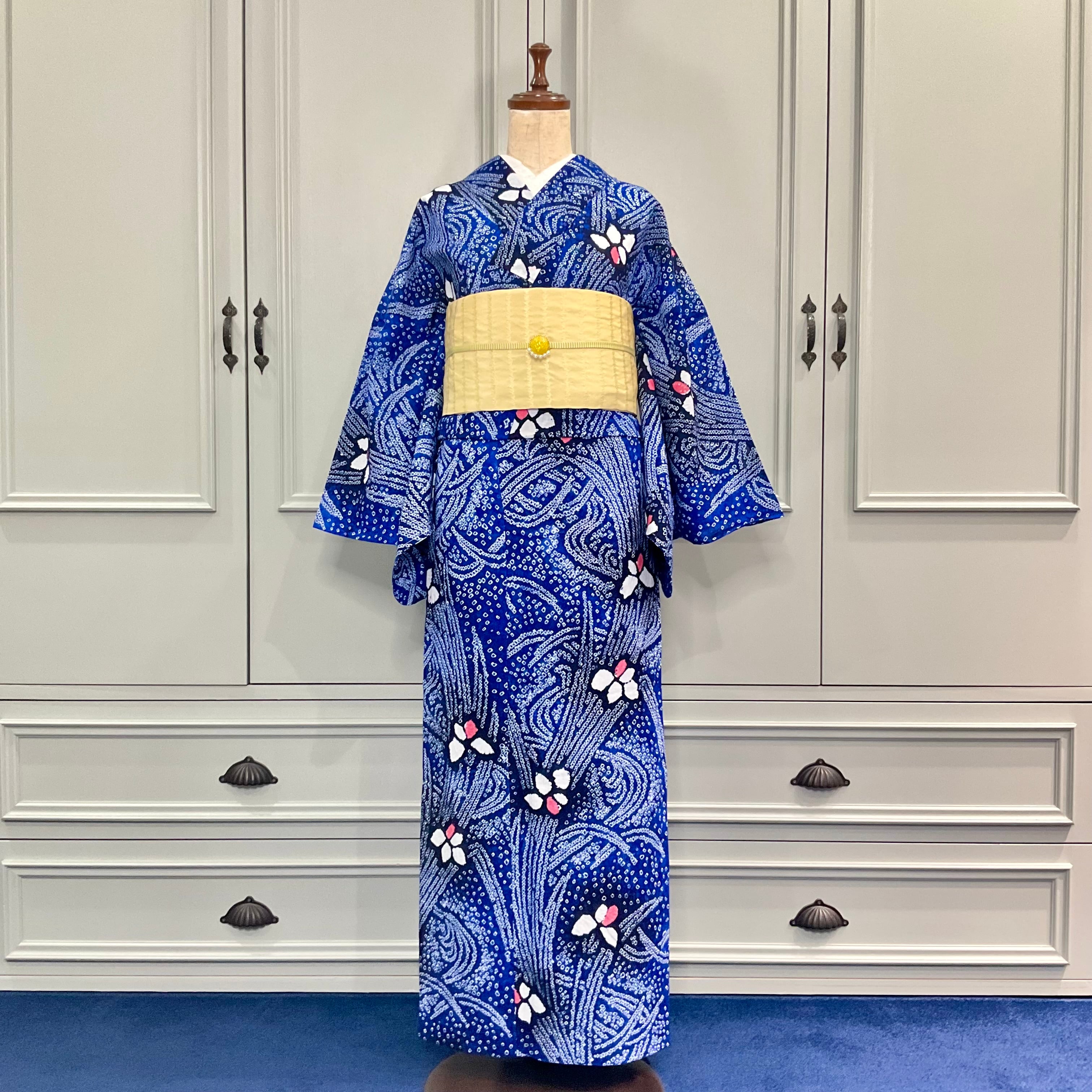 long ＊水辺の涼風＊有松鳴海絞り浴衣 花 あやめ ブルー A712 | kimono