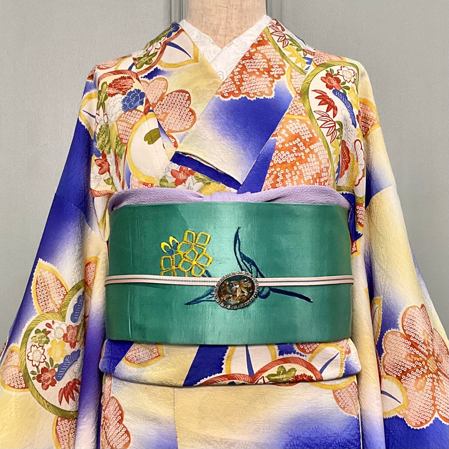 鶏と菜花＊にわとり 刺繍 鳥 花 繻子 グリーン 緑 アンティーク名古屋