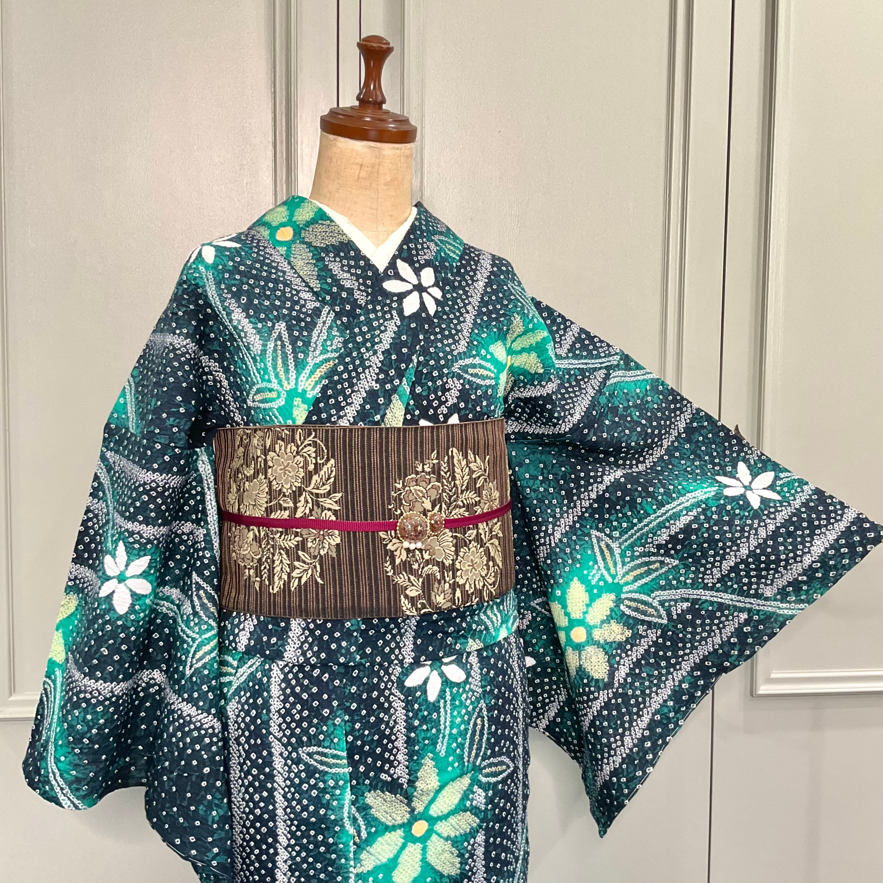 大人の絞り浴衣 ダークグリーン 深緑 希少ふくよかサイズused 大人の