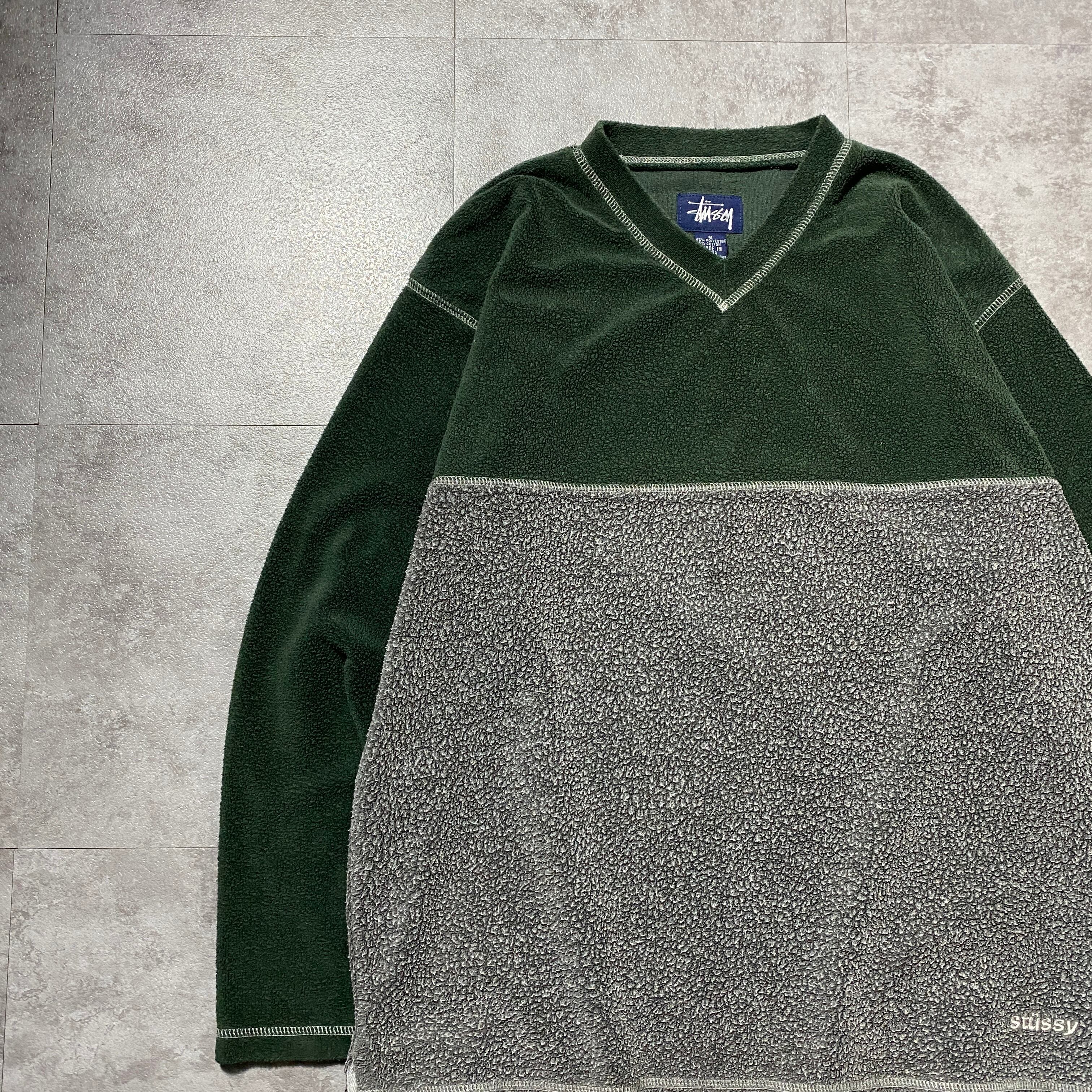 90's old stussy ステューシー 刺繍ロゴ バイカラー Vネック フリース