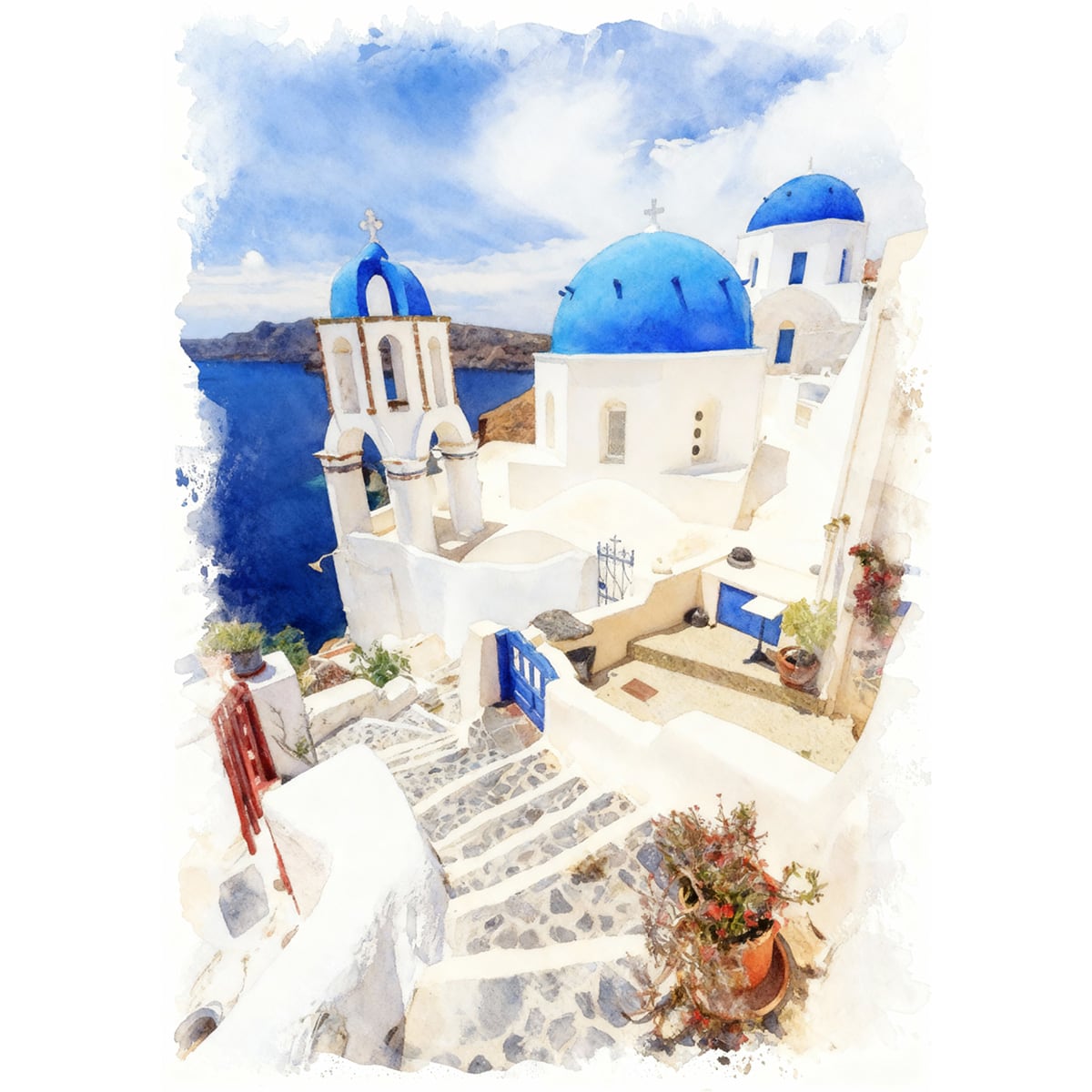 絵画 ギリシャ 風景画(街並み) サントリーニ島 インテリアアート額付き