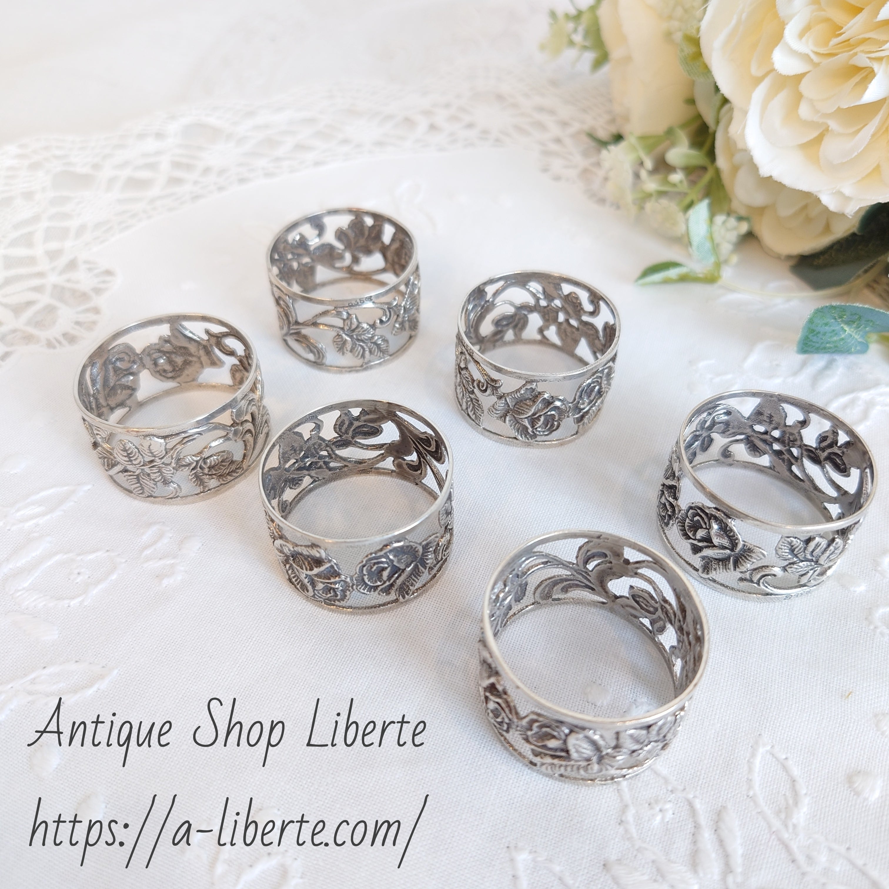 ドイツ 純銀 シルバー835 ローズデザイン ナプキンリング6個セット