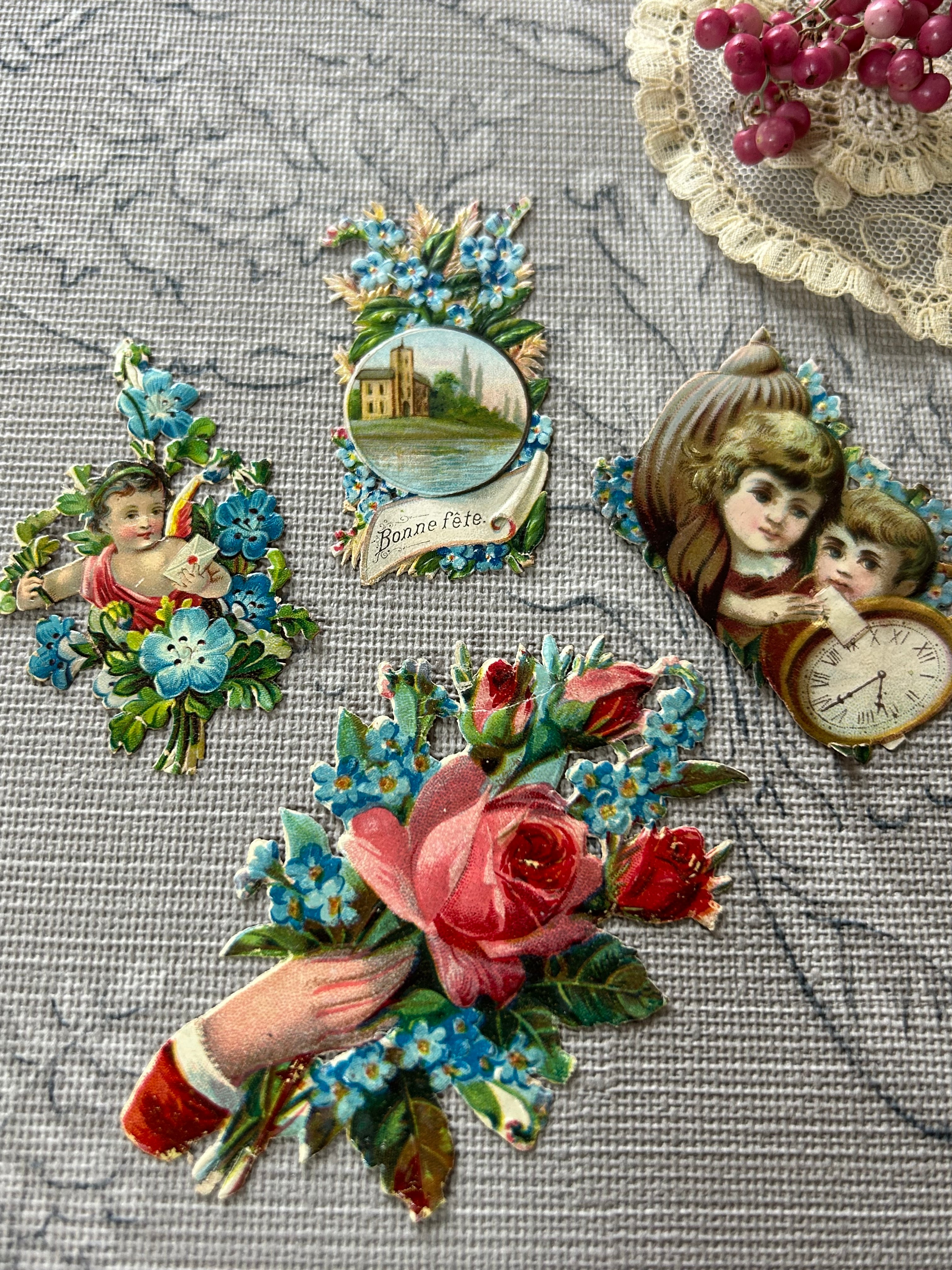 アンティーク クロモス 4点セット 勿忘草 Rose ハンド ヴィクトリアン