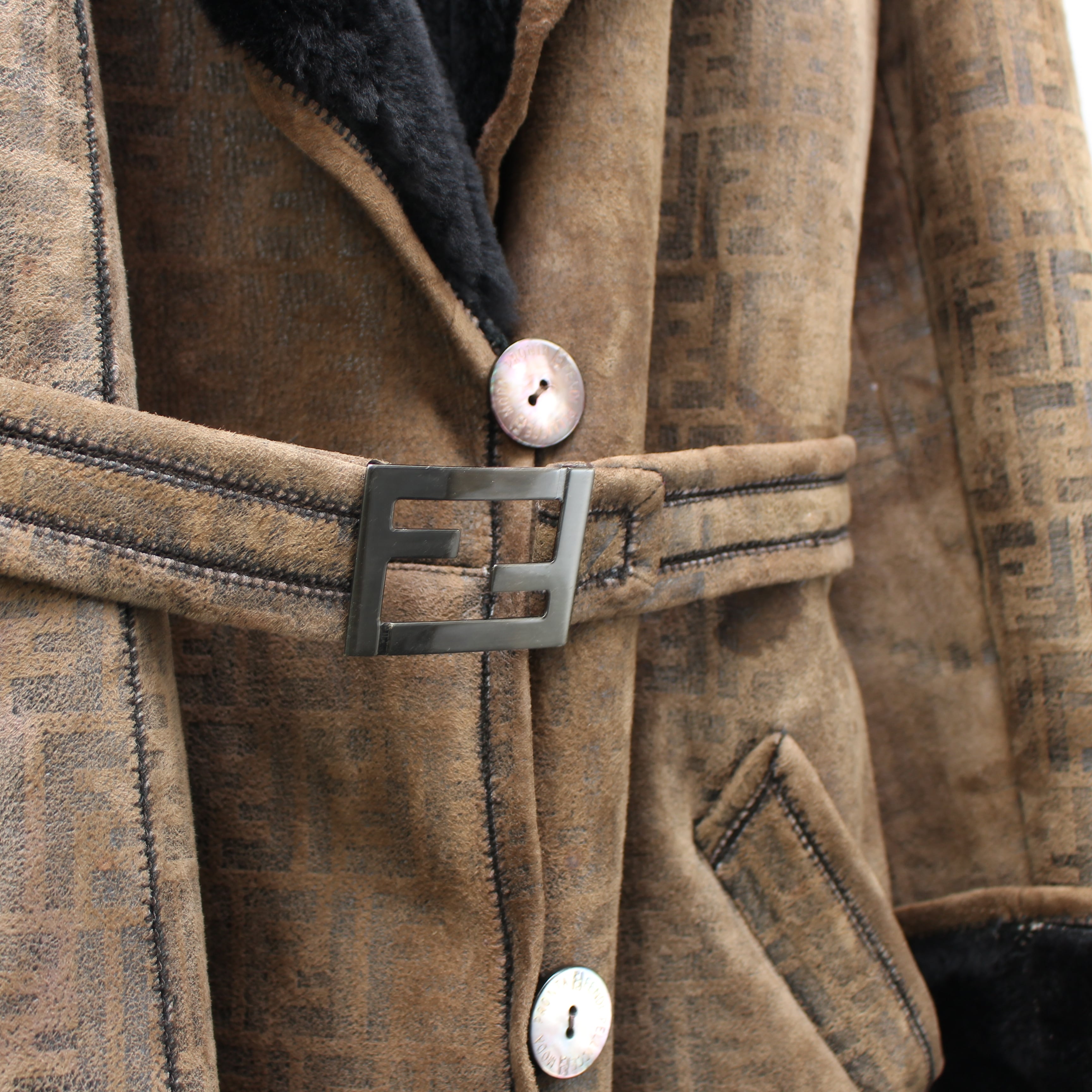FENDI ZUCCA PATTERNED BELTED MOUTON COAT MADE IN ITALY/フェンディ
