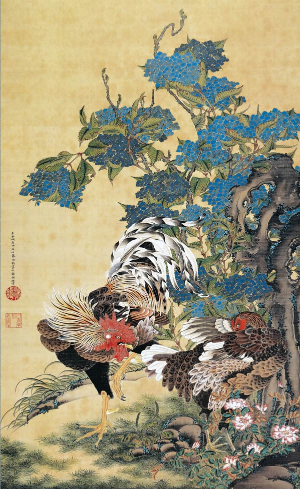 伊藤若冲「紫陽花双鶏図」掛軸 高精彩巧芸画 プレゼント ギフト 日本画