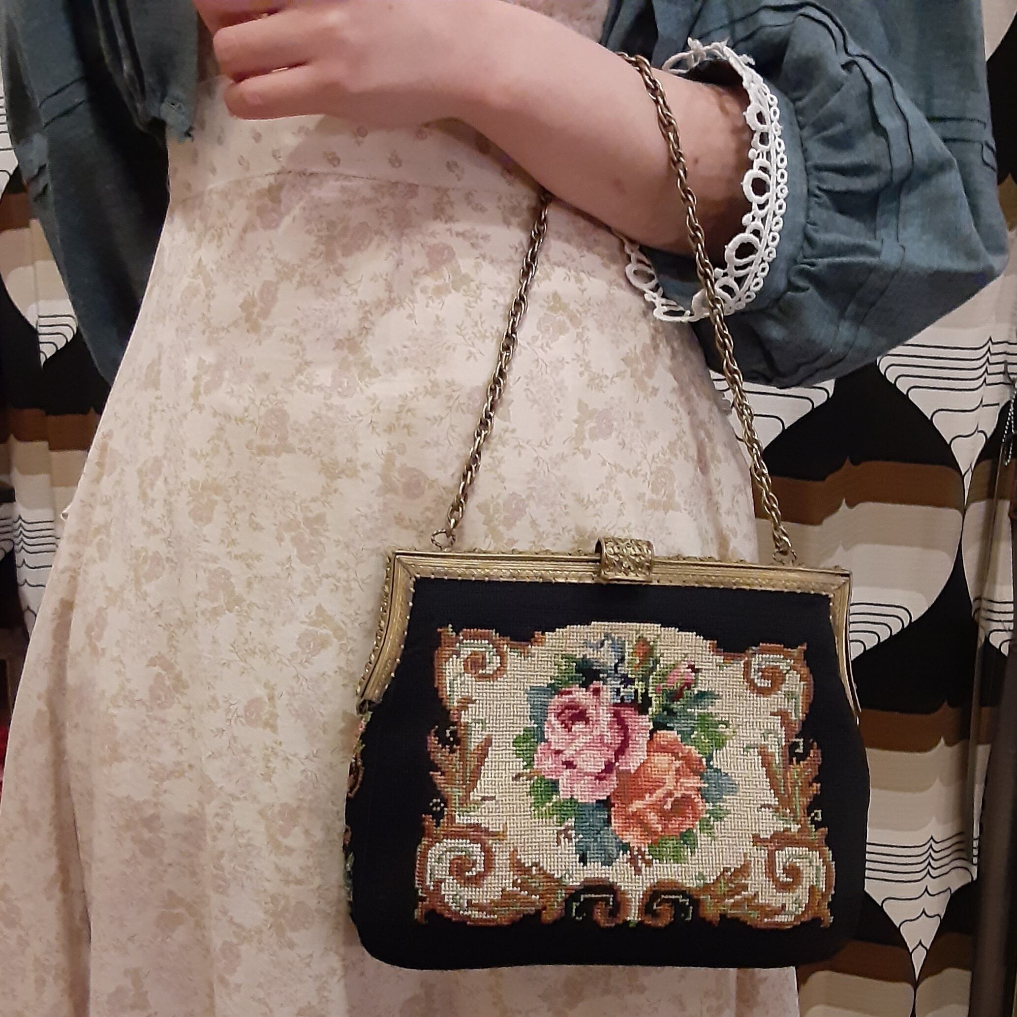 Goblin flower black handbag ゴブラン 花柄 ブラック ハンドバッグ