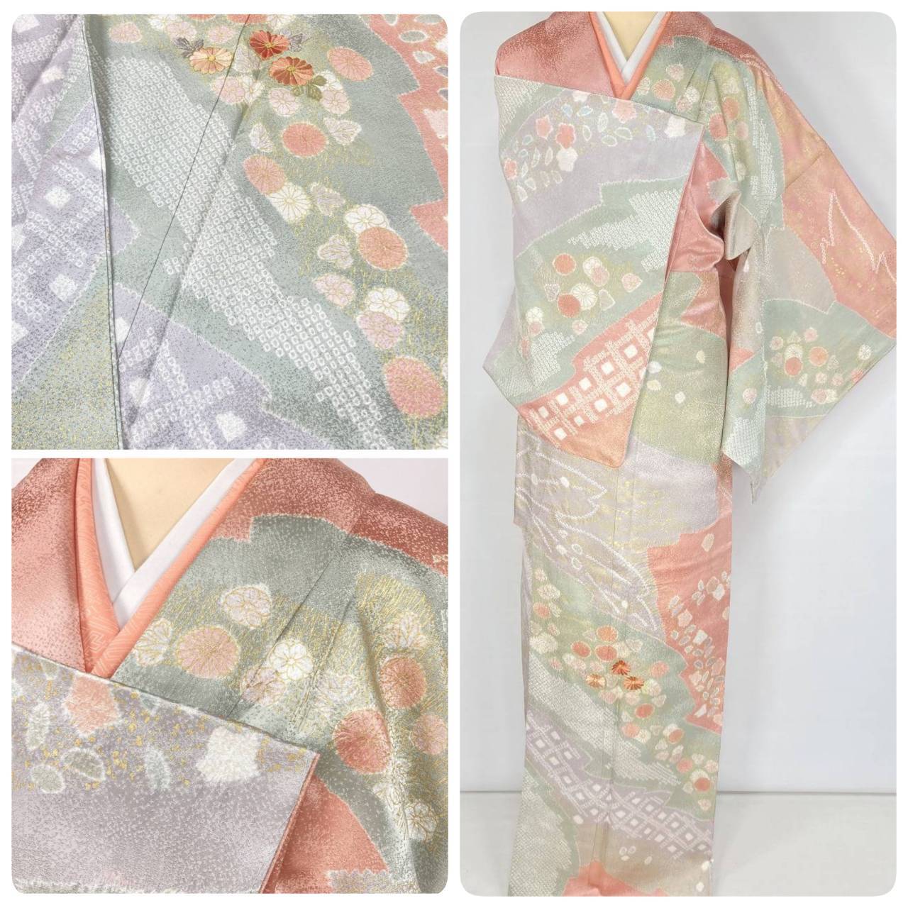 唐織り 金通し 椿 唐花 正絹 金糸 袋帯 黒 グレー 白 緑 709 | kimono