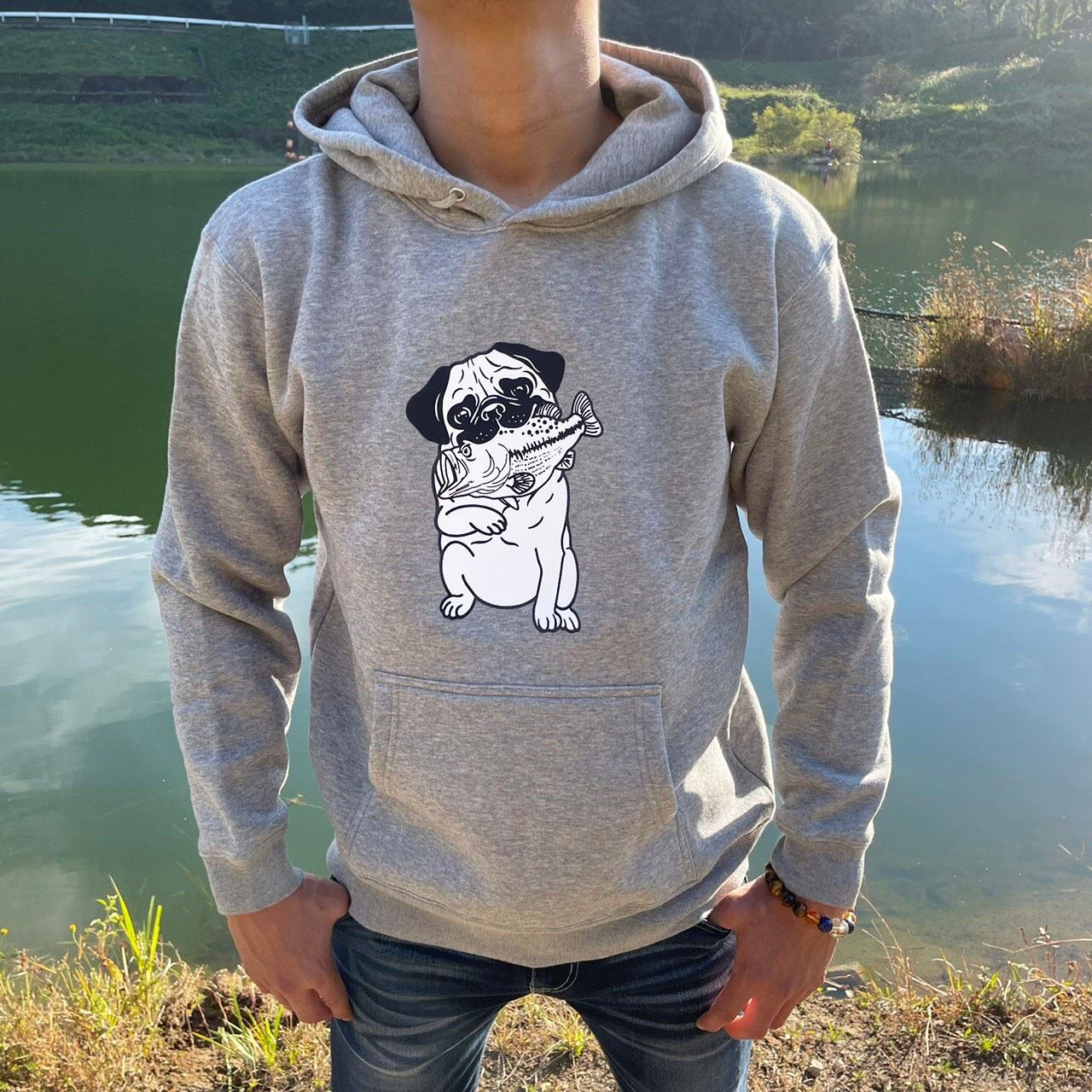 Brushed Back Hoodie -PugBass(10oz / Cotton 100%) Gray | AnglerX