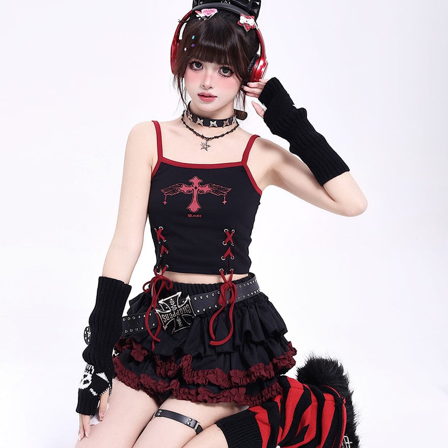 即納 キャミソール トップス 十字架 レースアップ リボン 闇かわいい