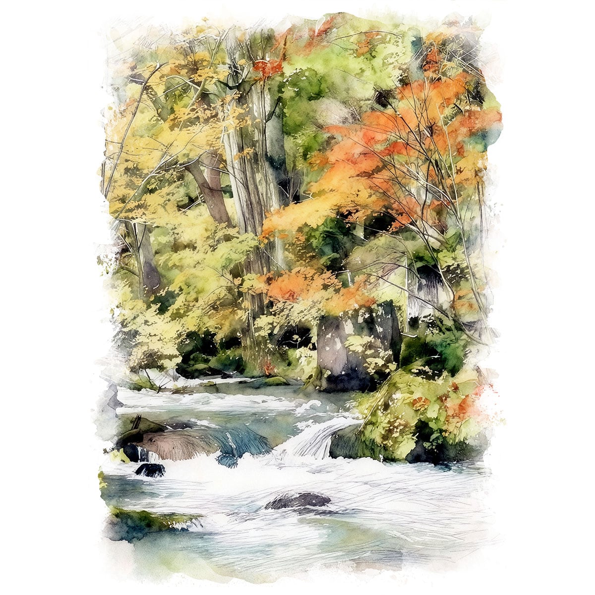 絵画(風景画) 日本 青森県 奥入瀬渓流 インテリアアート額付き 水彩画