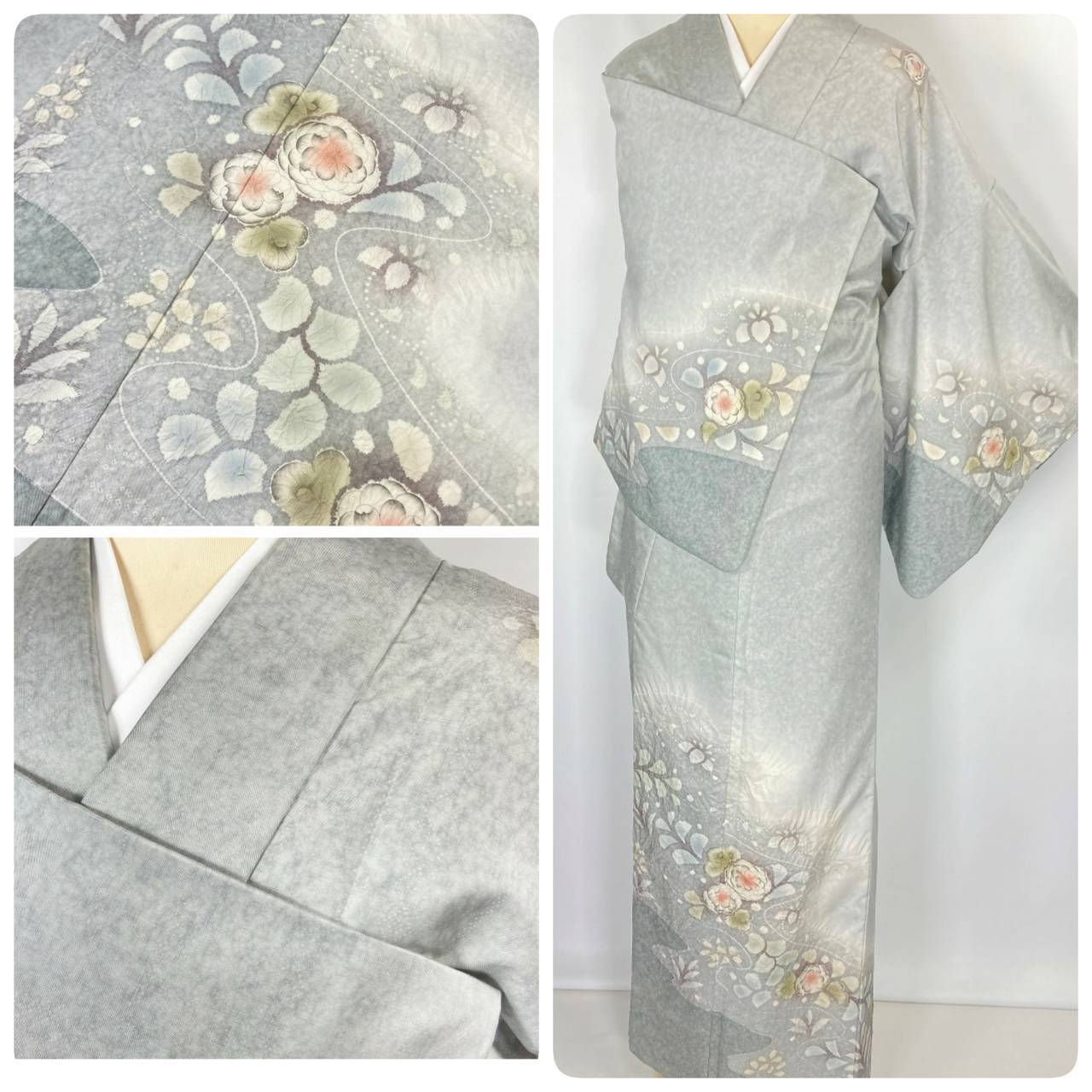 大島紬 辻が花絞り 天目染め 訪問着 本場大島紬 正絹 グレー 水色 緑