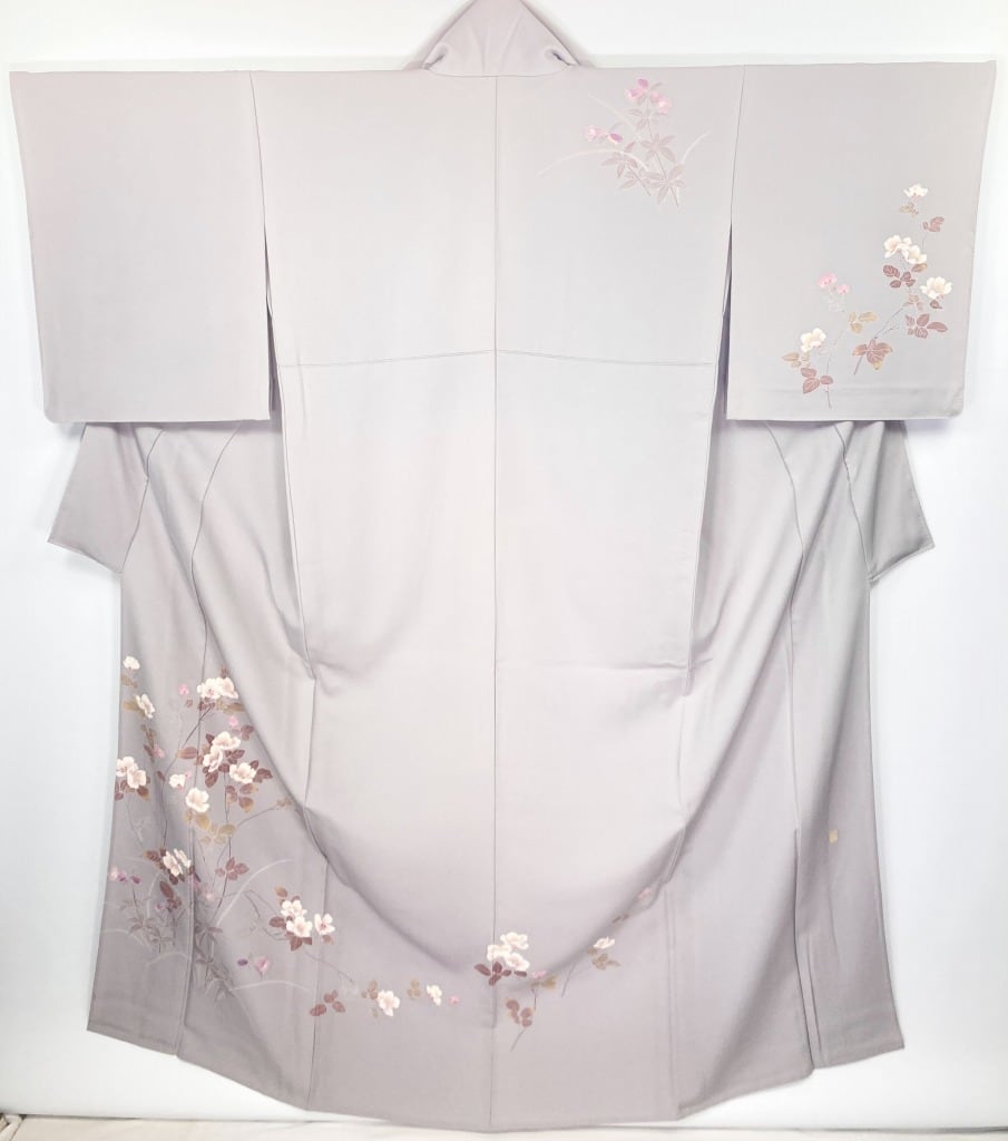 単衣】作家物 落款 手描き友禅 椿 正絹 訪問着 紫 淡藤色 1248
