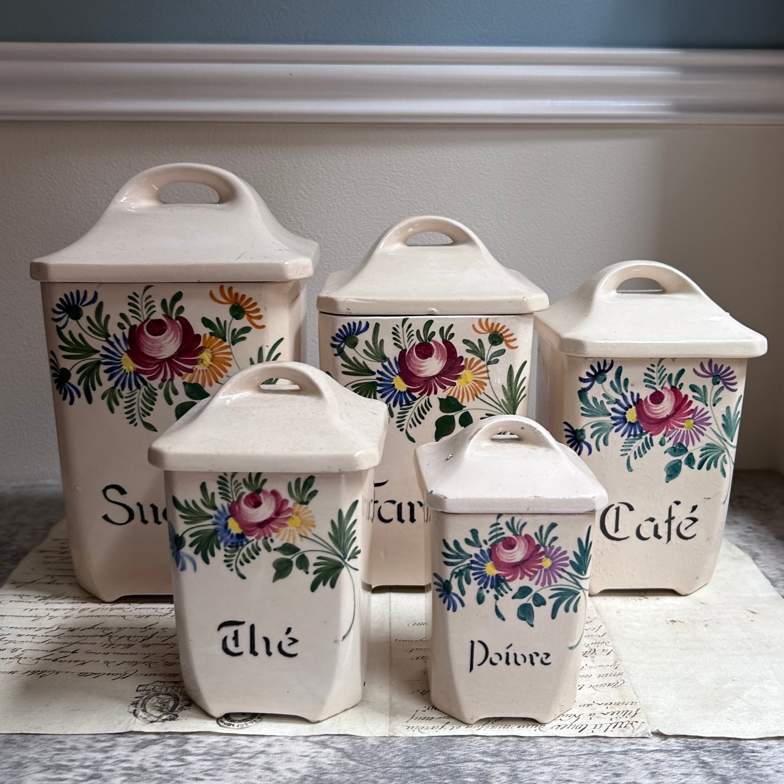陶器製 ハンドペイントのキャニスター フランス アンティーク 5個