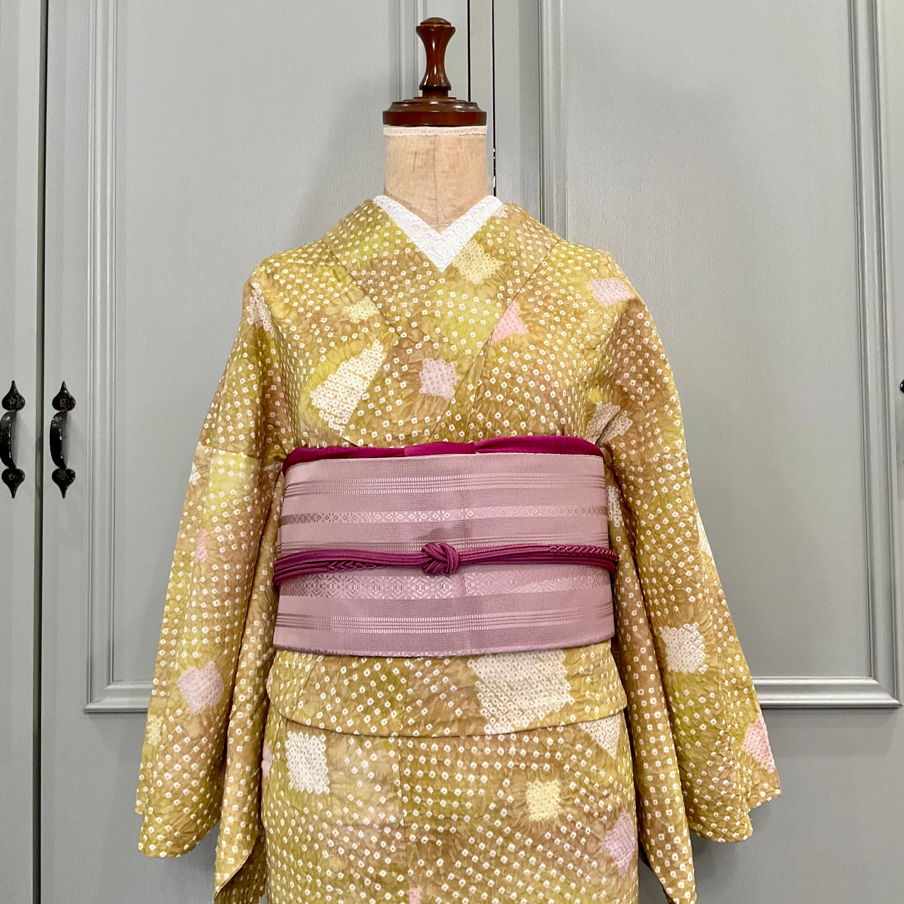 灰桜の空＊夏帯 くすみピンク ピンクグレー 博多織 縞 八寸名古屋帯