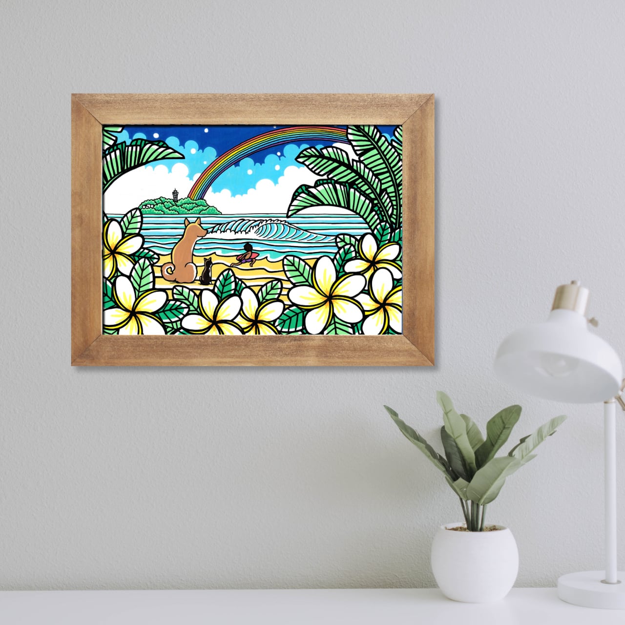 原画】Wood Panel A3 Size（江ノ島と犬と猫）with Frame | TAMO ART