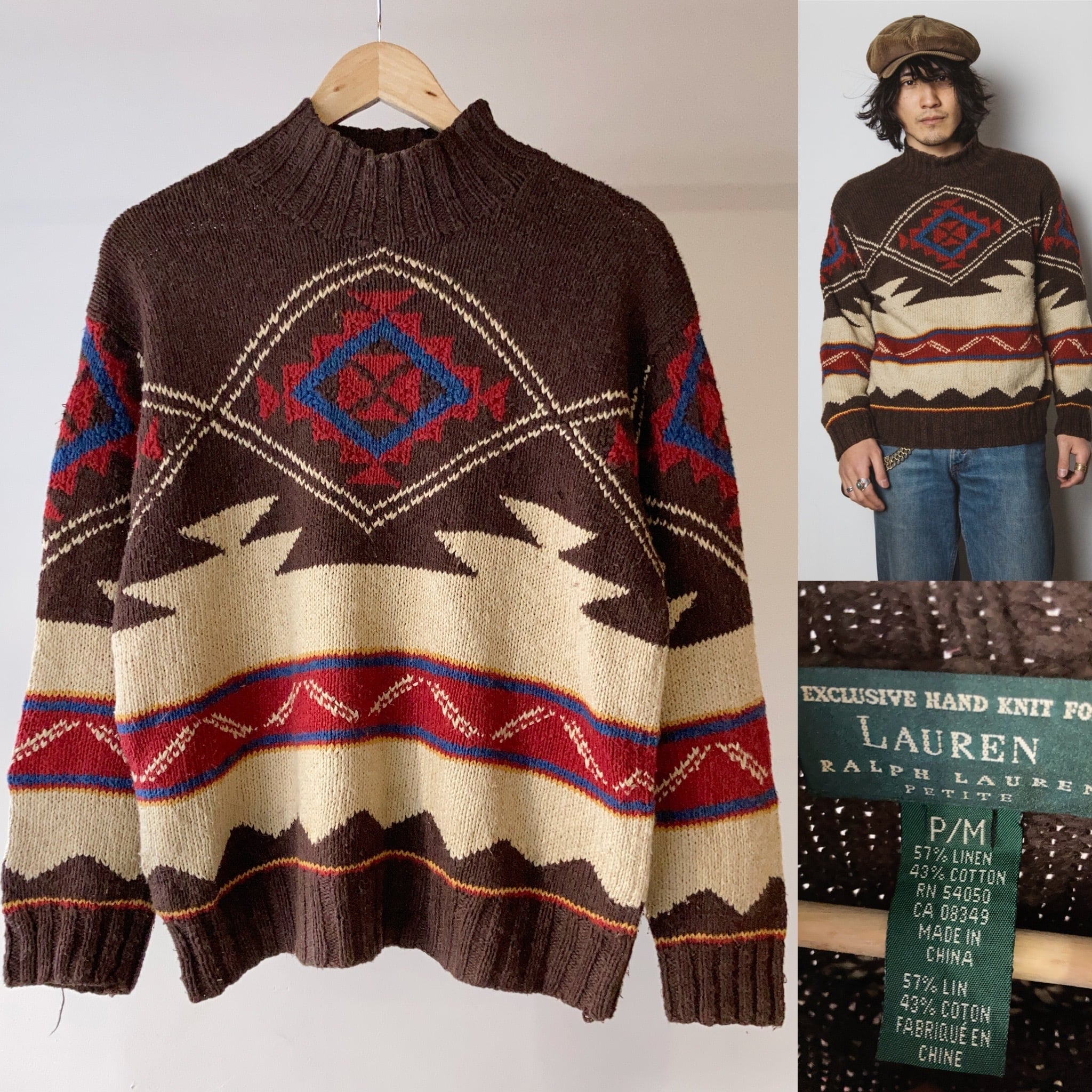 LAUREN by Ralph Laurenモックネック ネイティブ柄ハンドニット