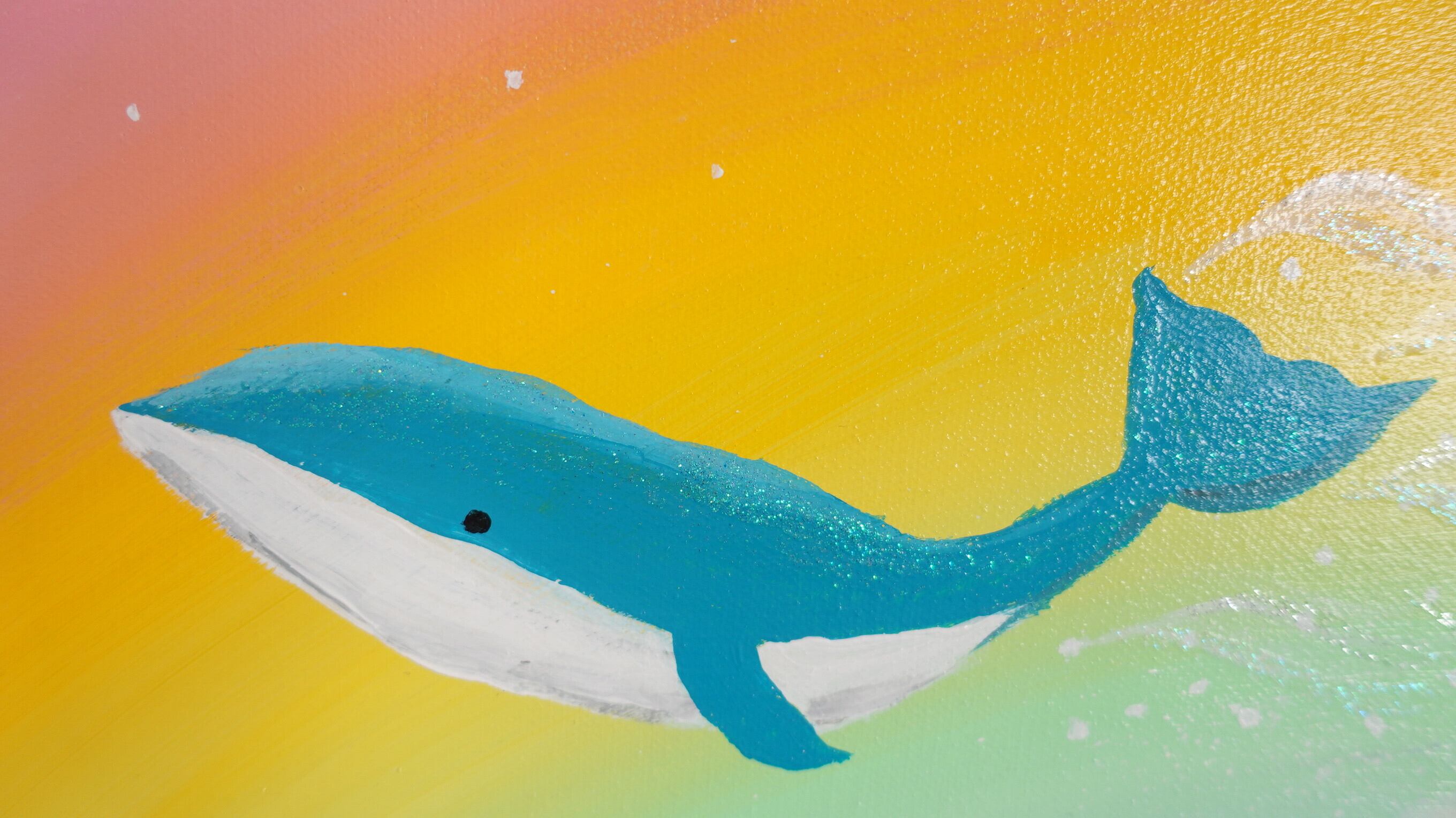 虹色の空を飛ぶクジラ（ラメ入り）【アクリル画】原画・イラスト・幻想
