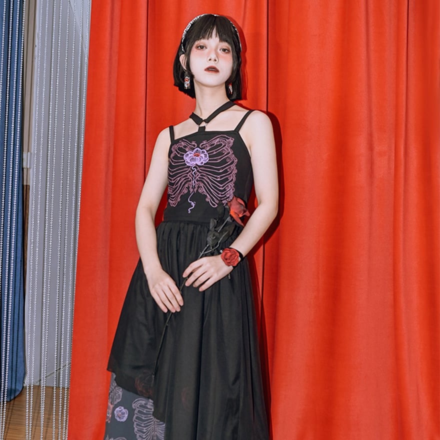 チャイナ風服 チャイナ風服 古怪舎 キャミソール スカル フラワー