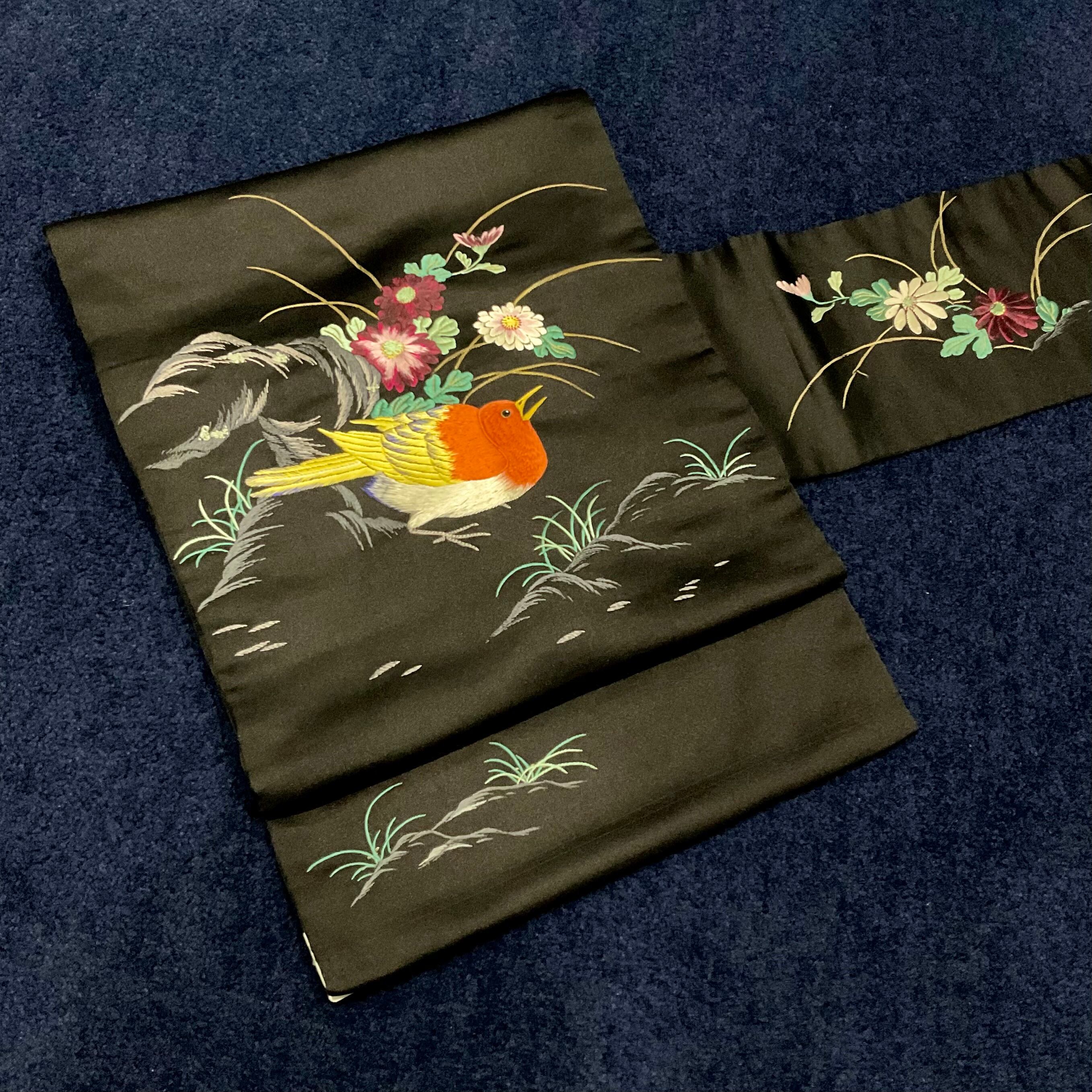 野菊と鳥＊刺繍 鳥 繻子 秋 花 アンティーク名古屋帯 A882 | kimono tento