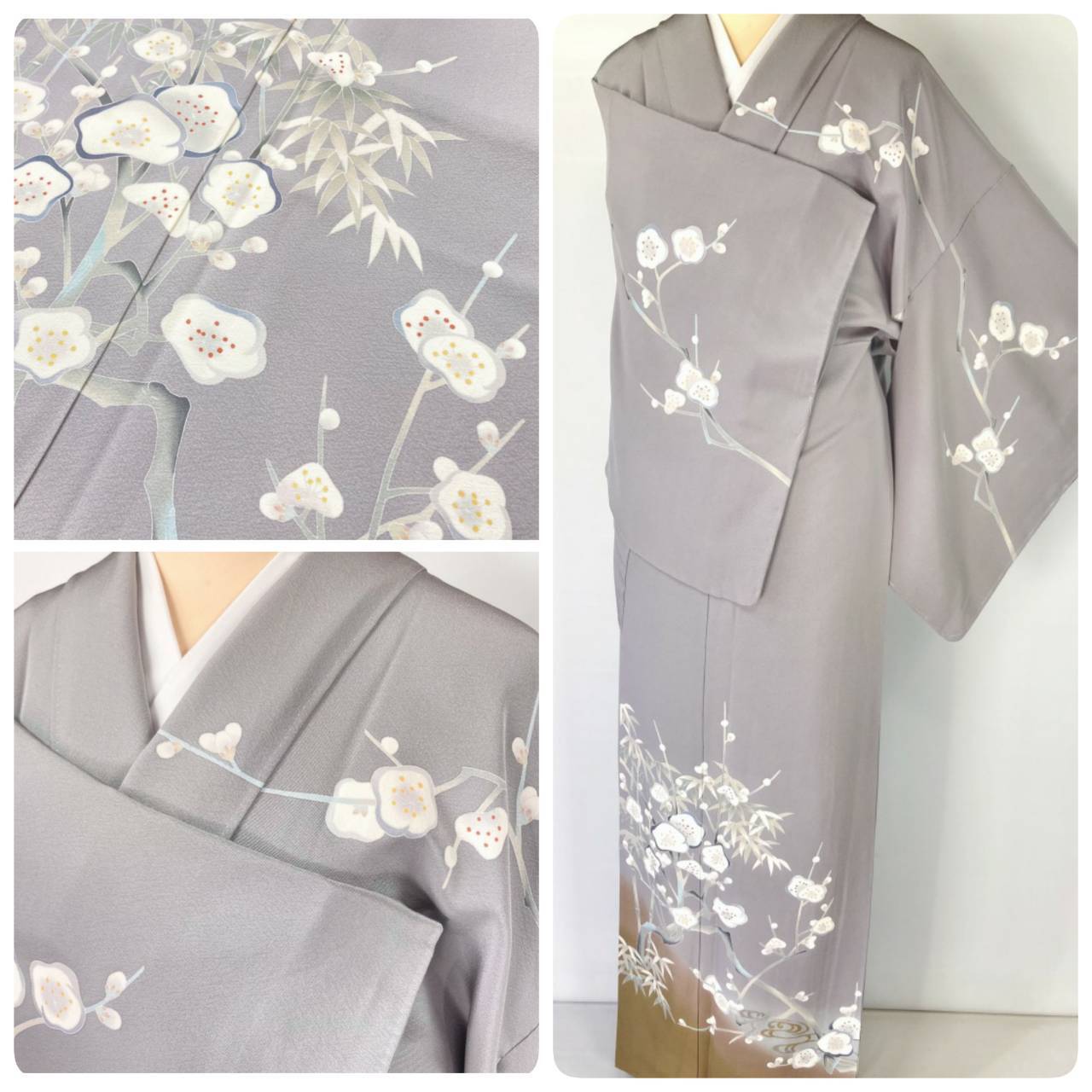 遠田藤舟 十日町友禅 未使用 梅 竹 訪問着 袷 正絹 紫 グレー 茶色