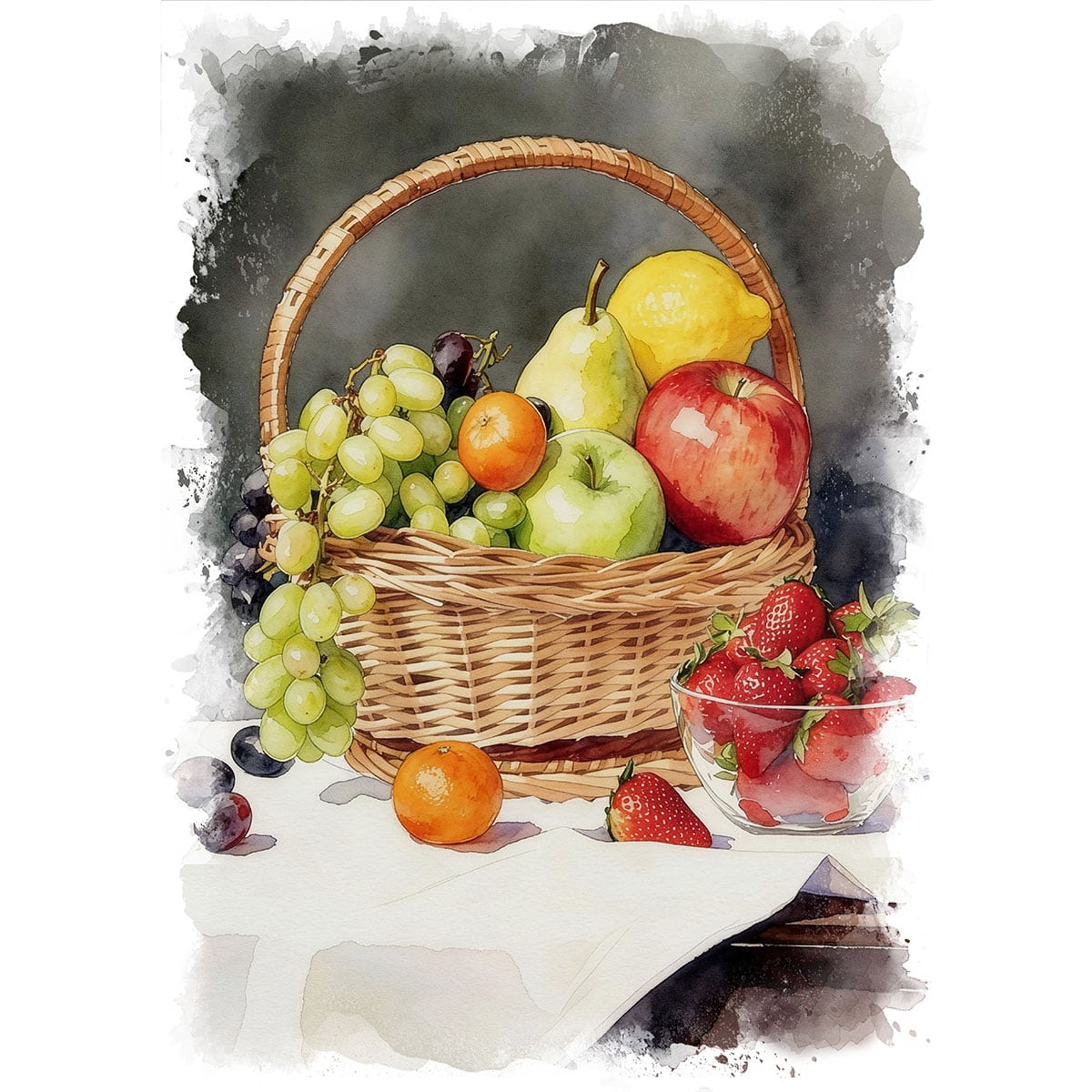 絵画 静物画 バスケットの果物 インテリアアート額付き 水彩画・油絵調