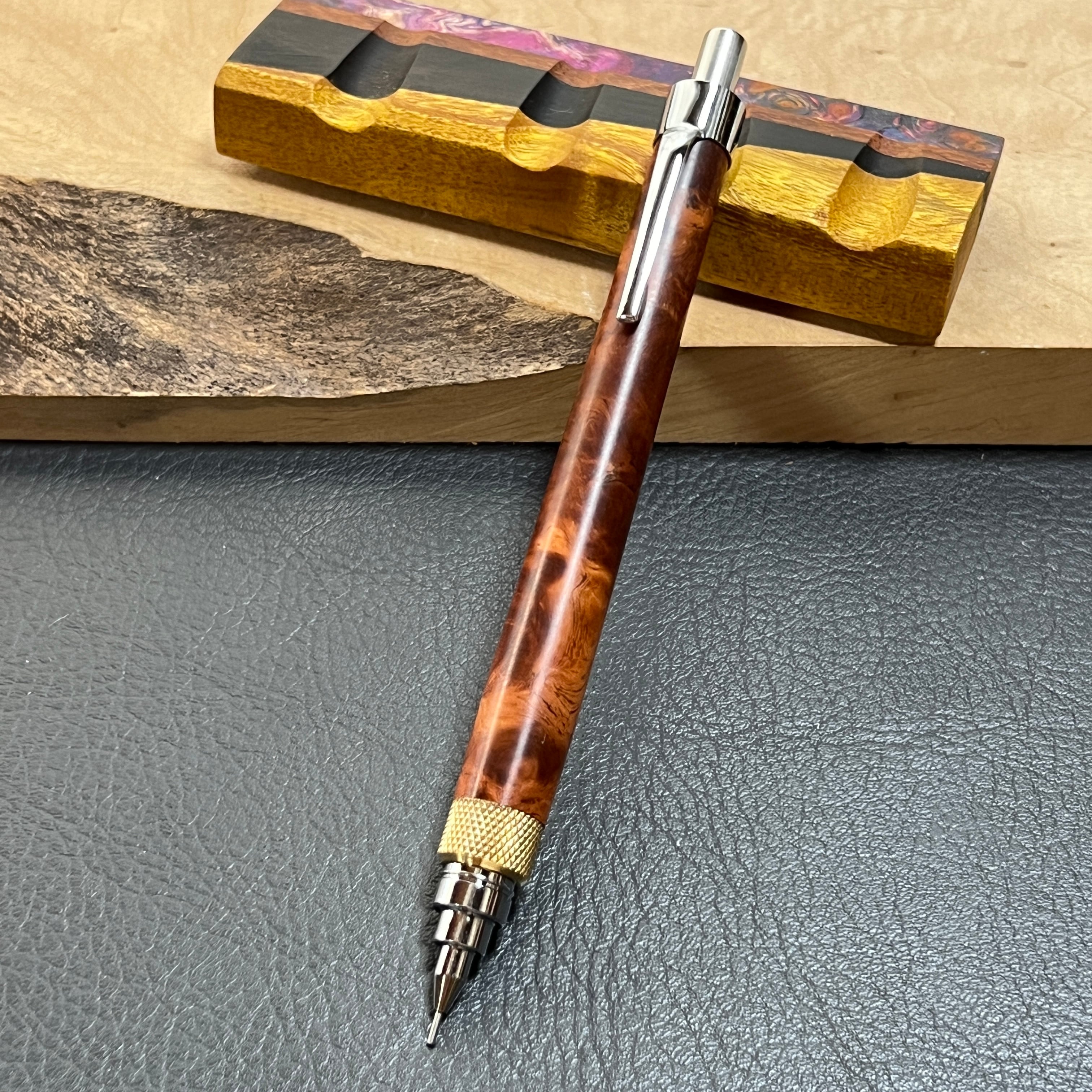37花梨瘤源平柄濃色 木製シャーペン 最強低重心 ローレット 真鍮