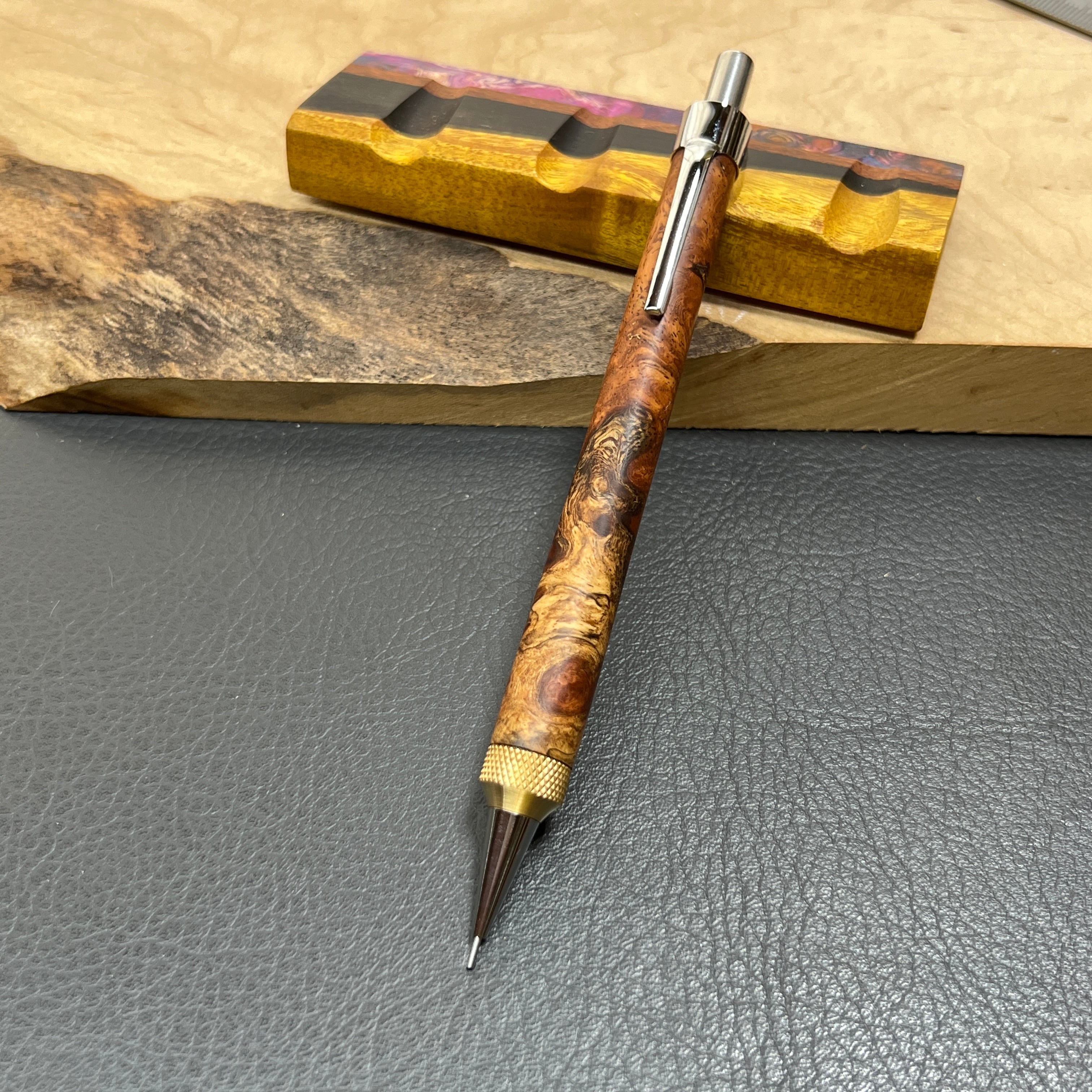 21花梨瘤源平柄 木製シャーペン強低重心R アヤメローレットタイプ 真鍮