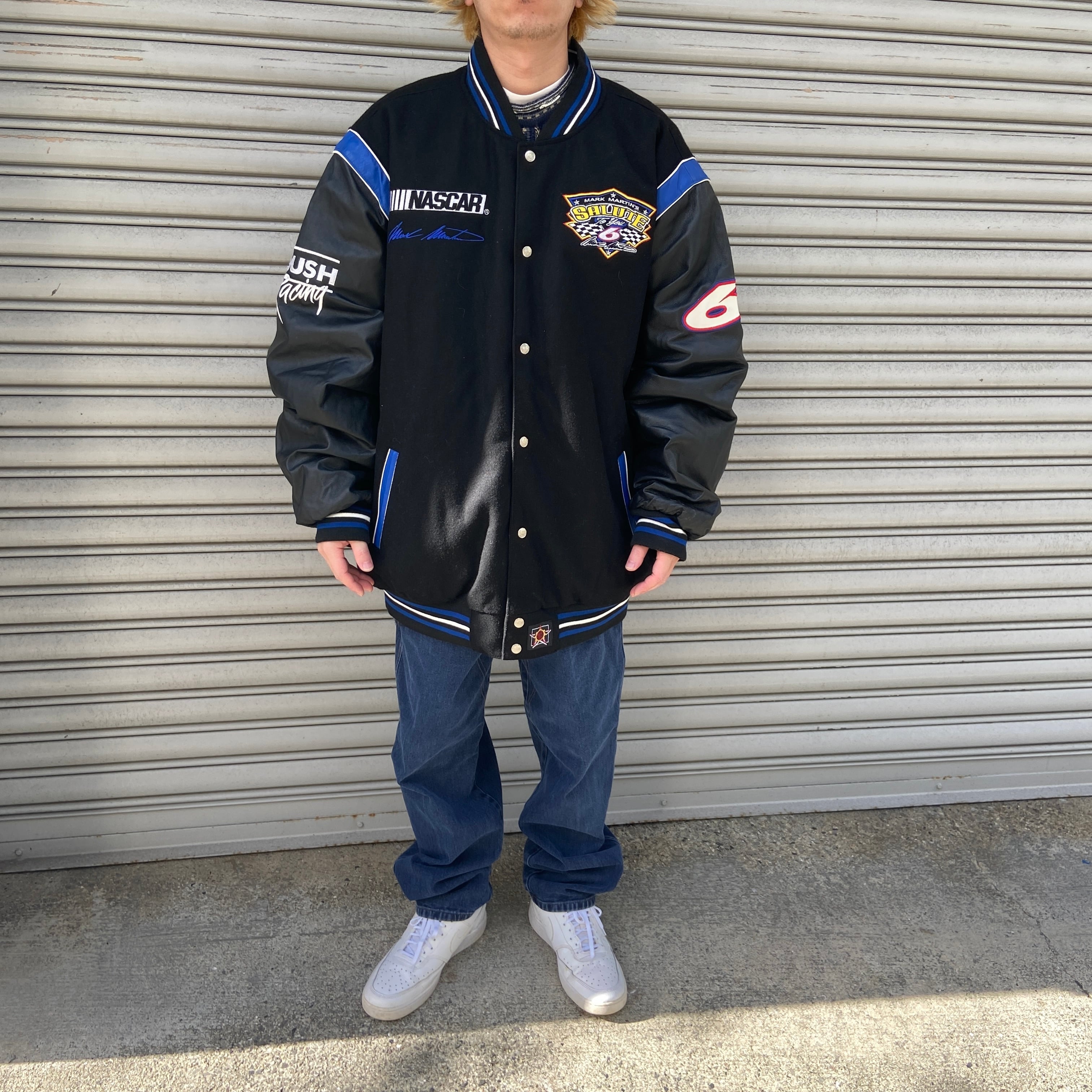 送料無料』90s レーシングジャケット リバーシブル 袖レザー4XL 黒