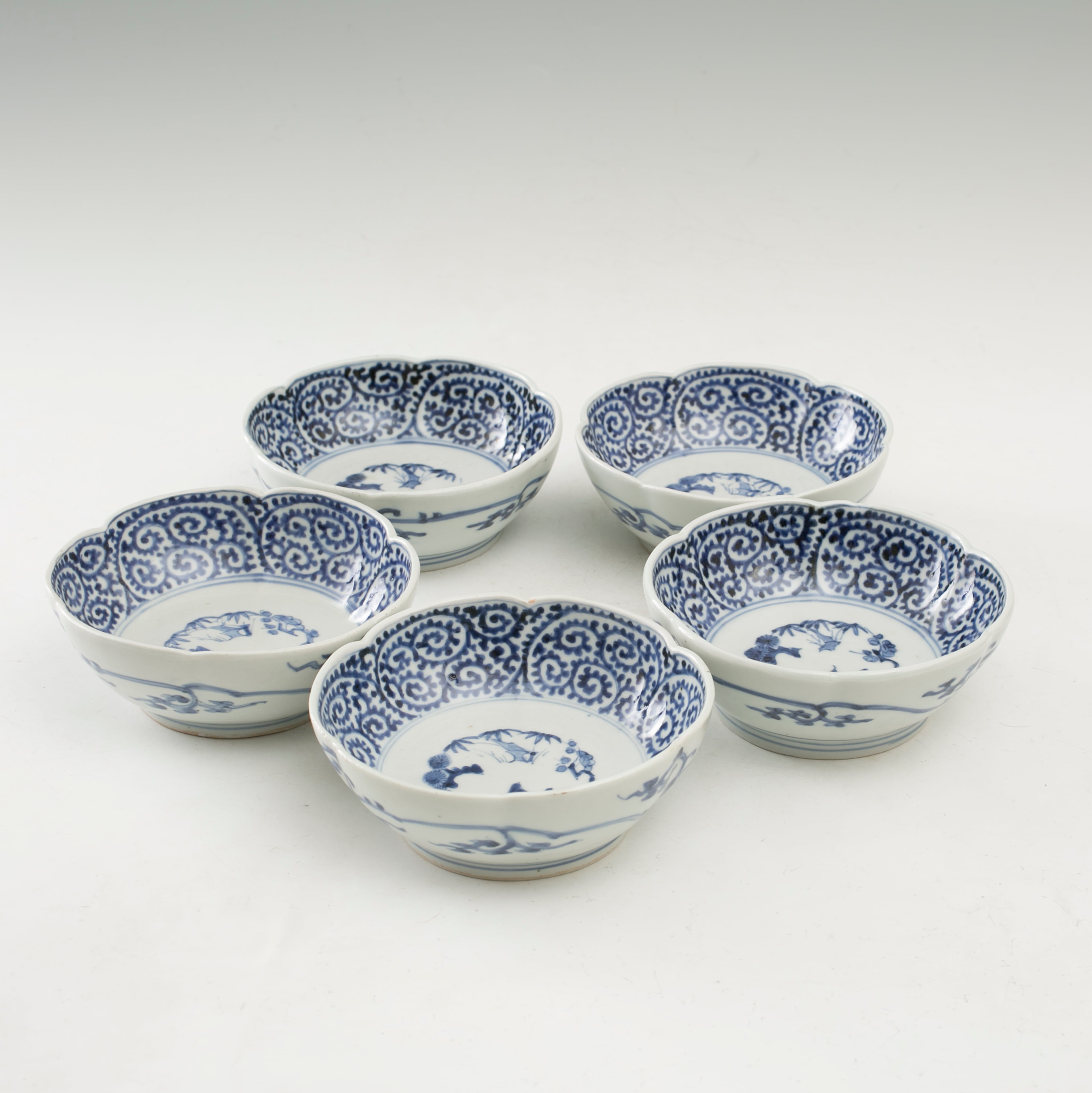 古伊万里 染付 蛸唐草 膾皿 五枚組 なます皿 見込み松竹梅 二重角福 渦