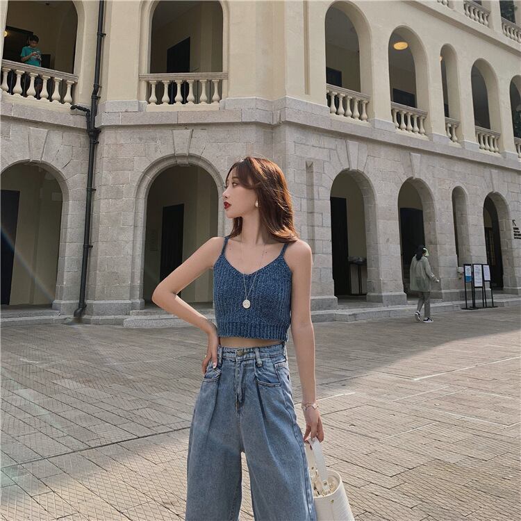 ロング丈デニムパンツ＆ショート丈キャミソール セットアップ 万能