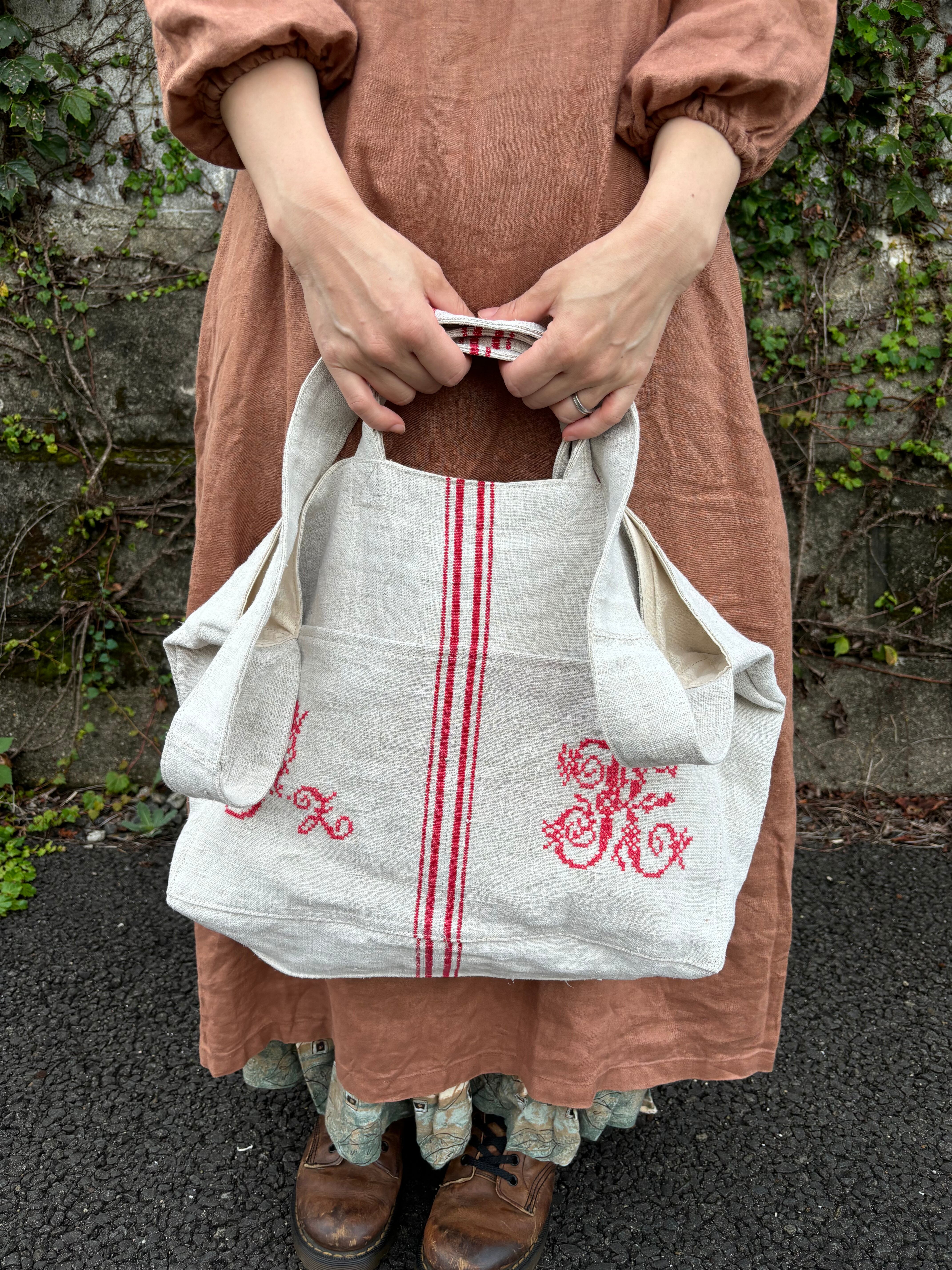 ハンドメイドantiquelinenspunグレインサック×牛革3WAY グレイン