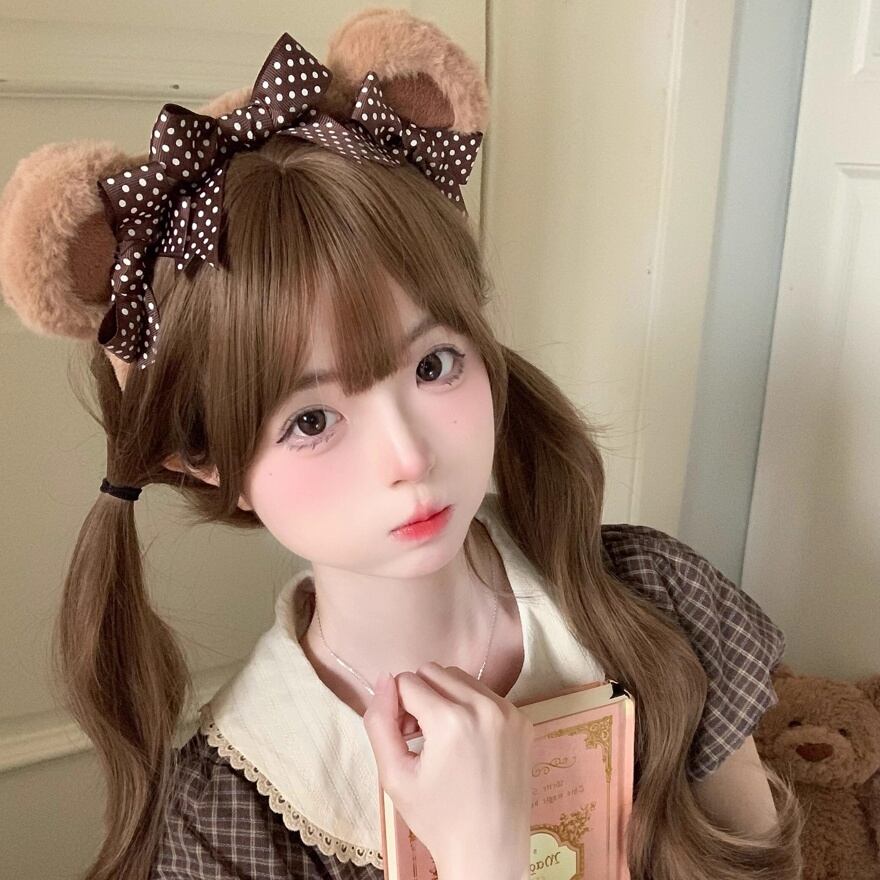 ドットリボンのくま耳ヘッドドレス｜茶色・ロリィタ・テディベア風髪