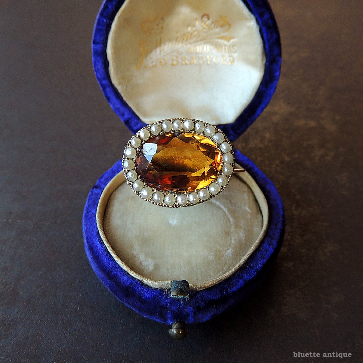 アンティークジュエリー 9ctゴールド 天然シトリン 真珠 レースピン