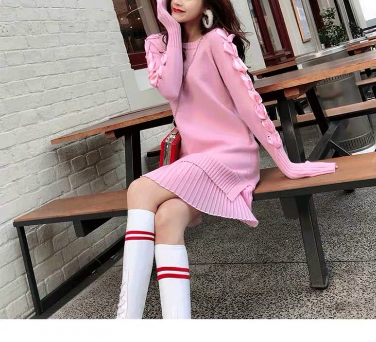 ピンク ニット ワンピース 長袖 リボン プリーツ スカート かわいい