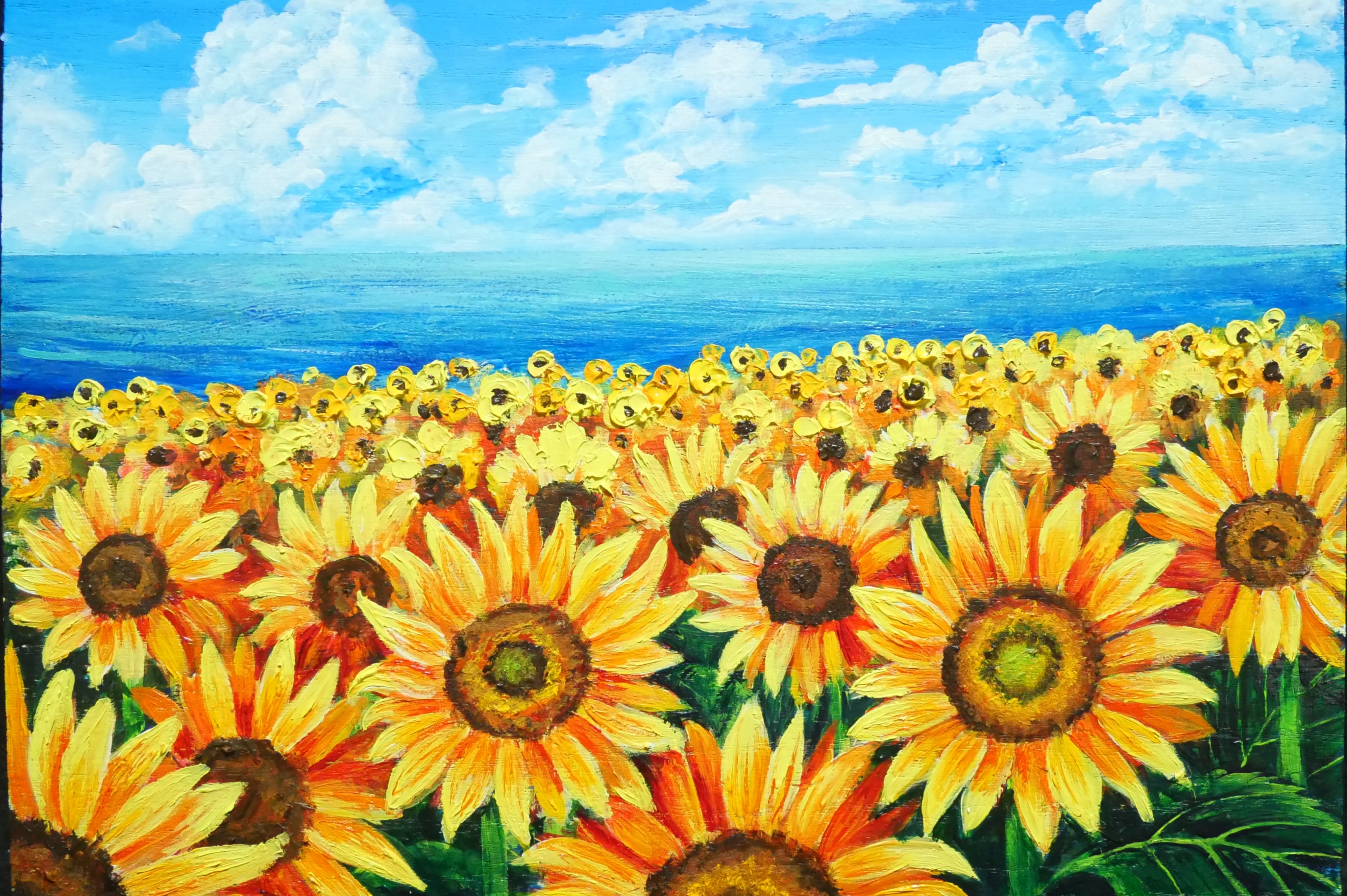 油絵 油彩 油彩画 絵 絵画 【海のひまわり畑】【B4】 | HIROSHI1990