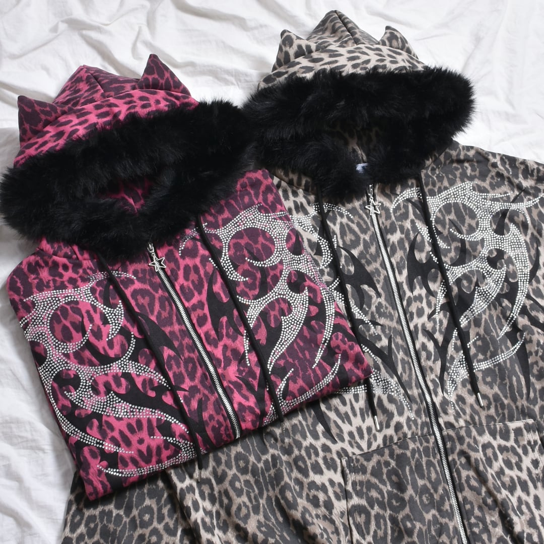 渋谷店で人気】ラインストーン ネコ耳レオパードファーZIPパーカー